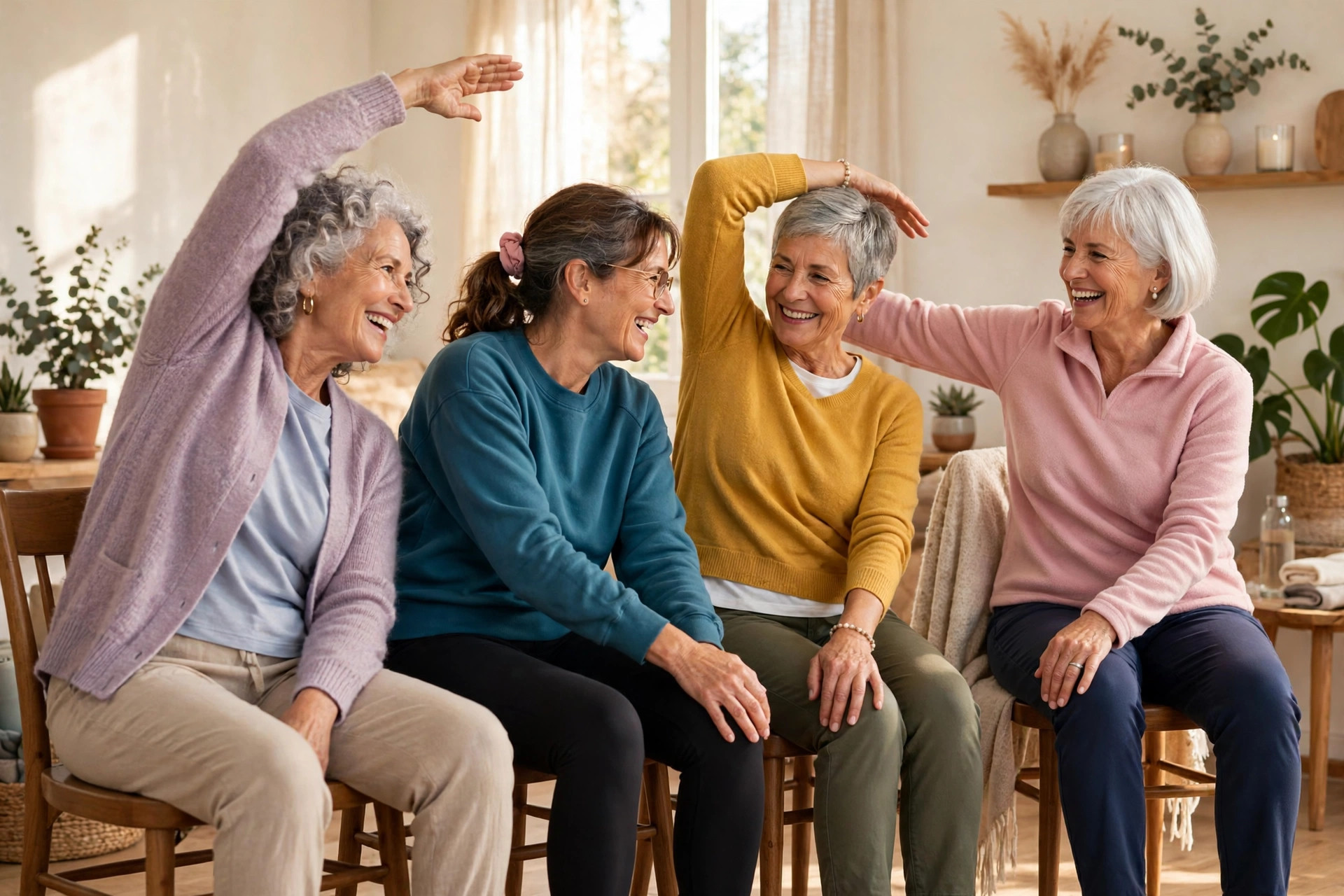 Women in their 60s smiling together in a gentle chair yoga class