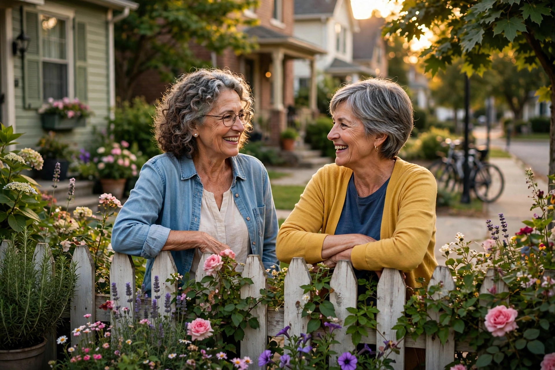 Two women in their 60s chatting warmly over a garden fence