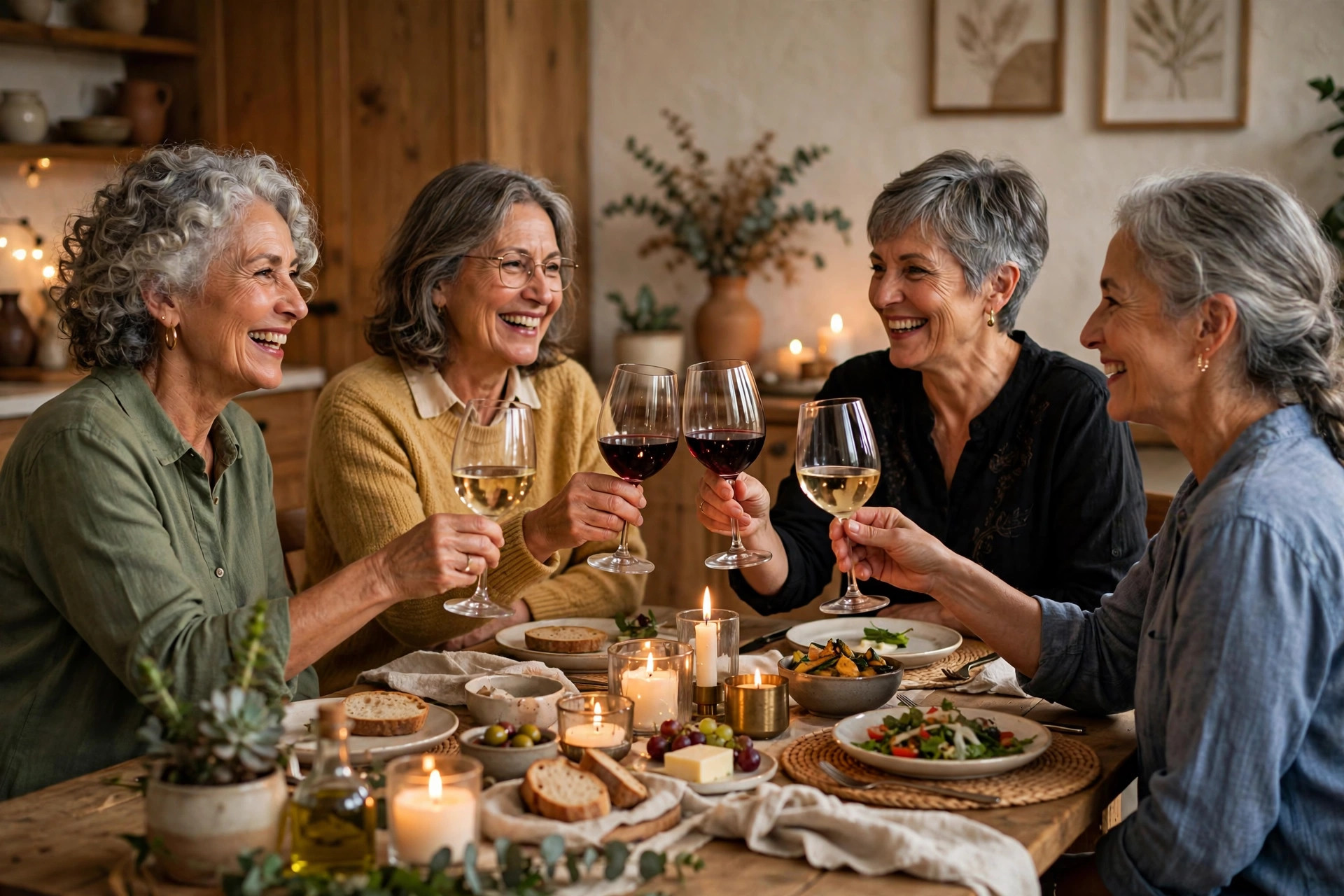 Women in their 60s toasting at a candlelit dinner party