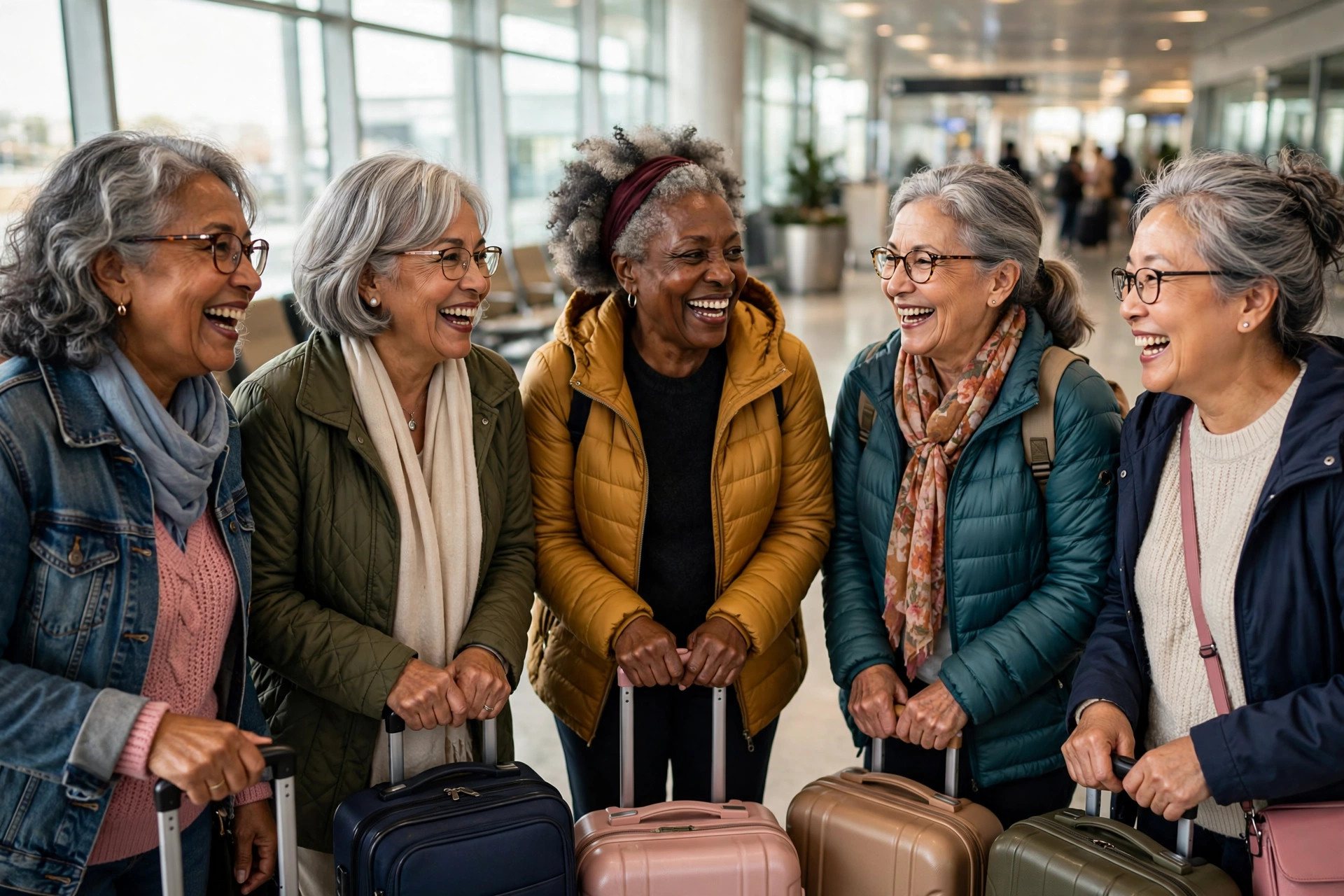 Happy group of senior women travelers at an airport with suitcases