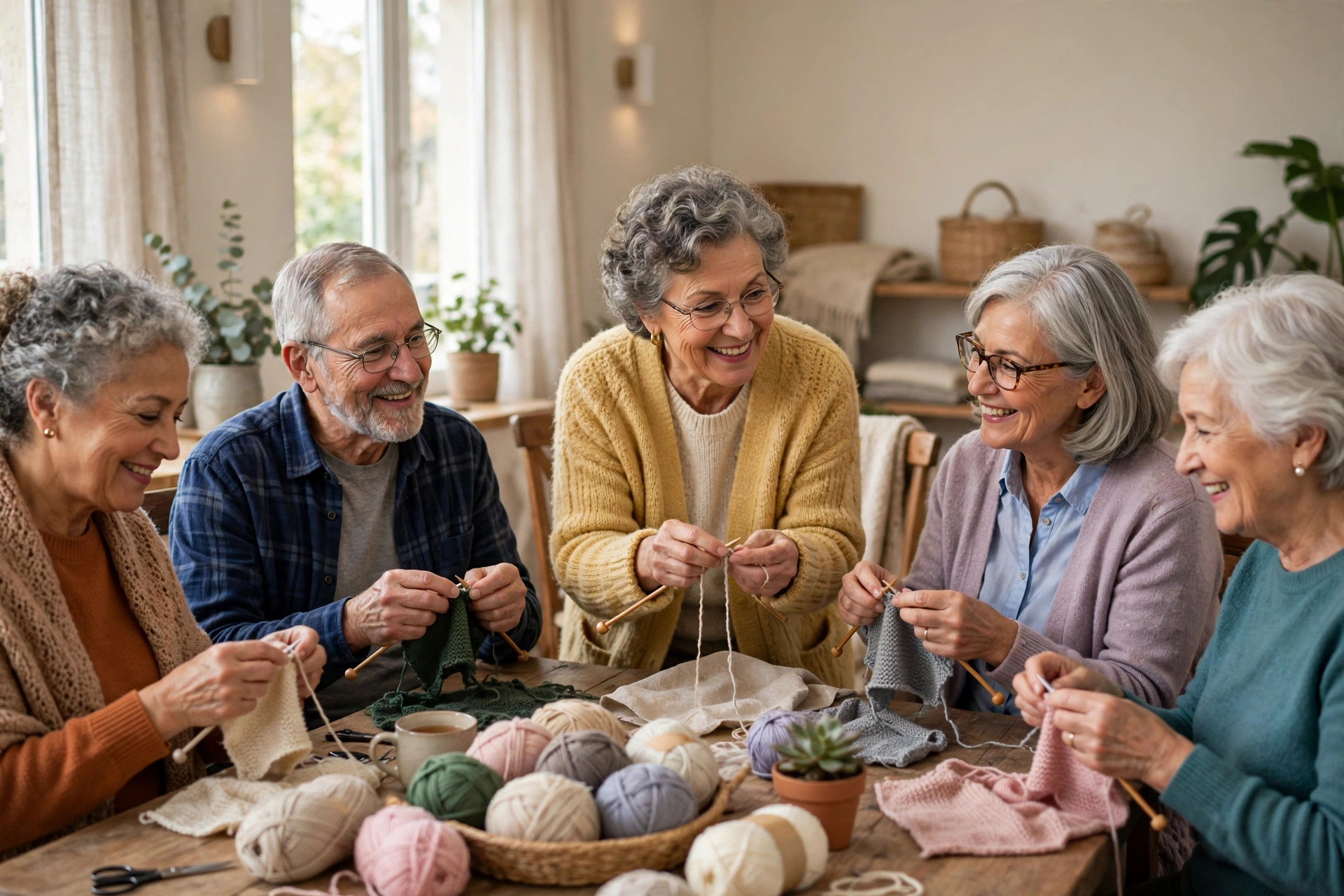 Woman in her 60s teaching a small knitting circle