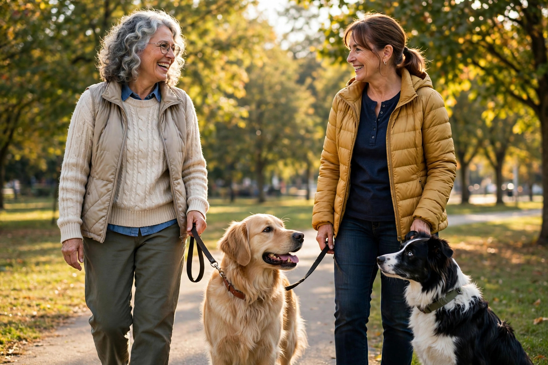 Woman in her 60s walking a golden retriever in a sunny park