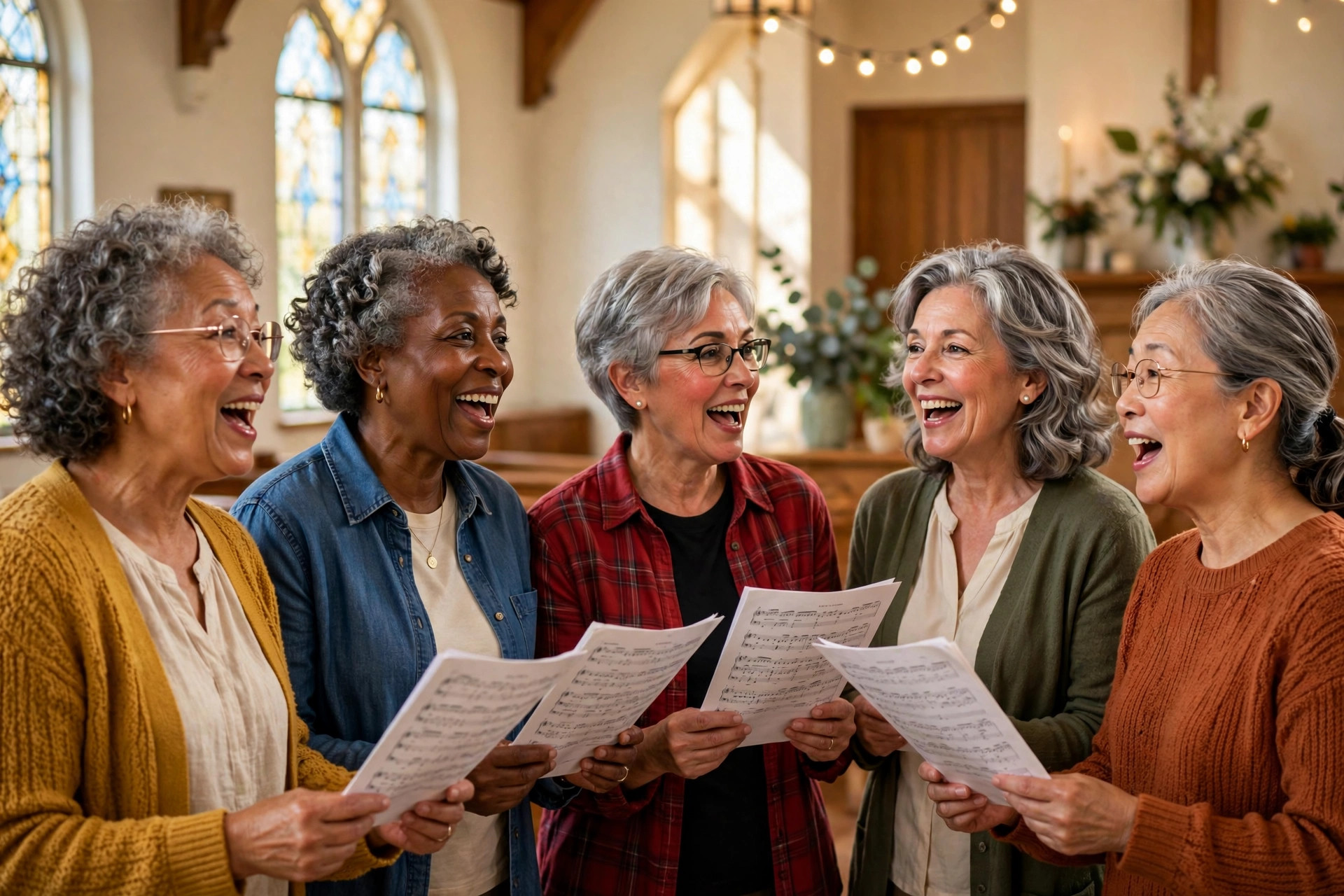 Choir of women in their 60s singing together with sheet music