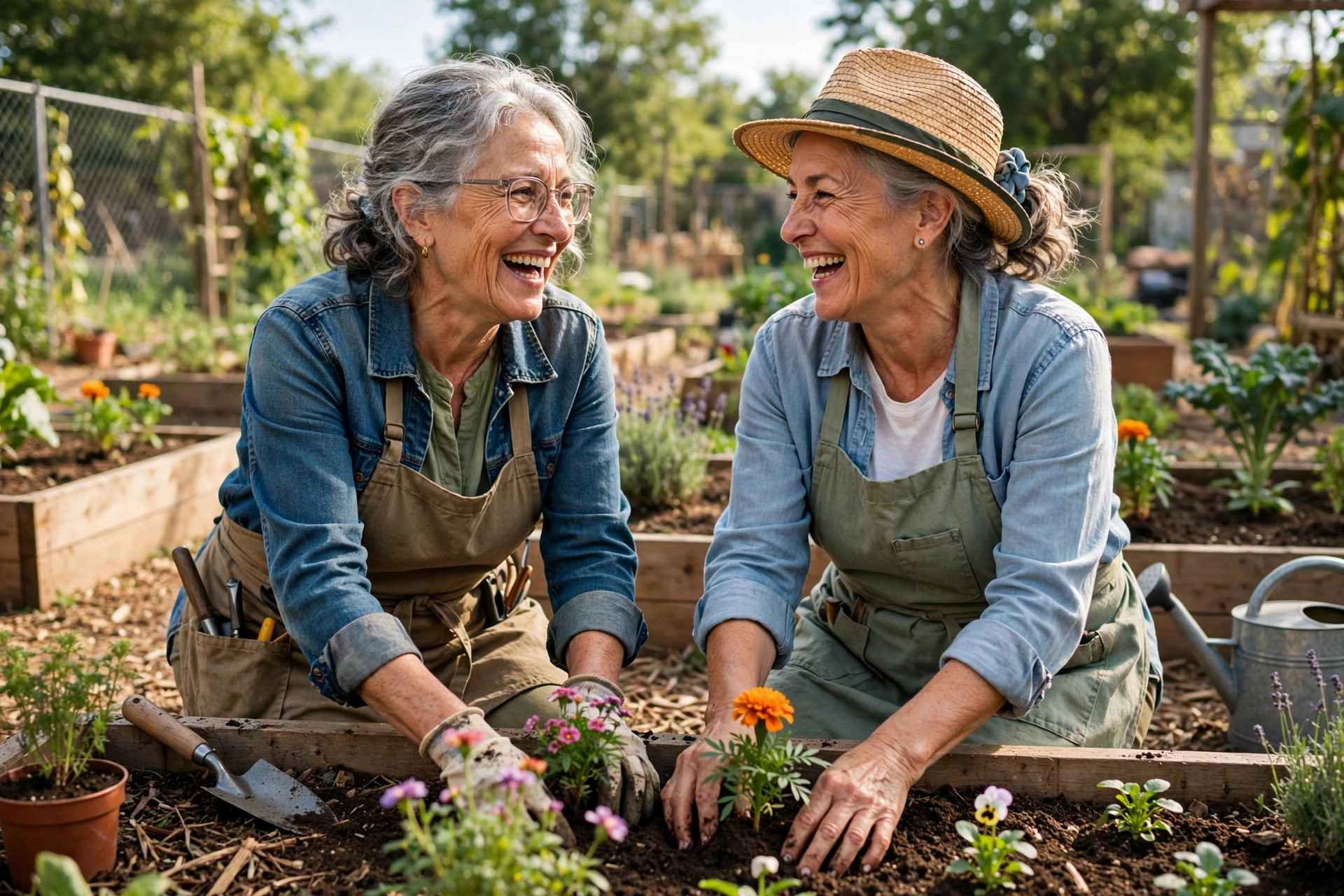 Two women in their 60s gardening together in a sunny community garden