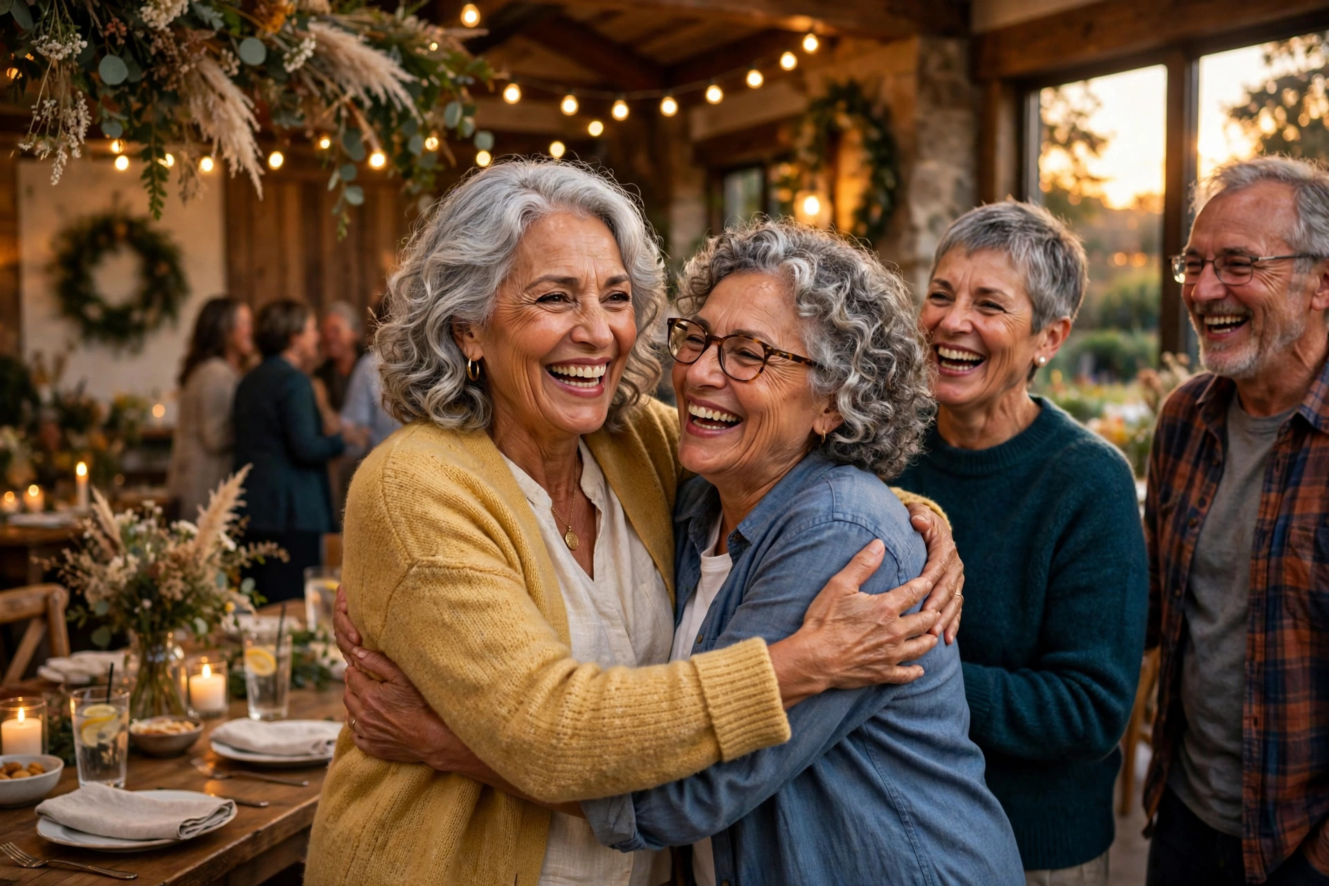 Woman in her 60s hugging old school friends at a reunion