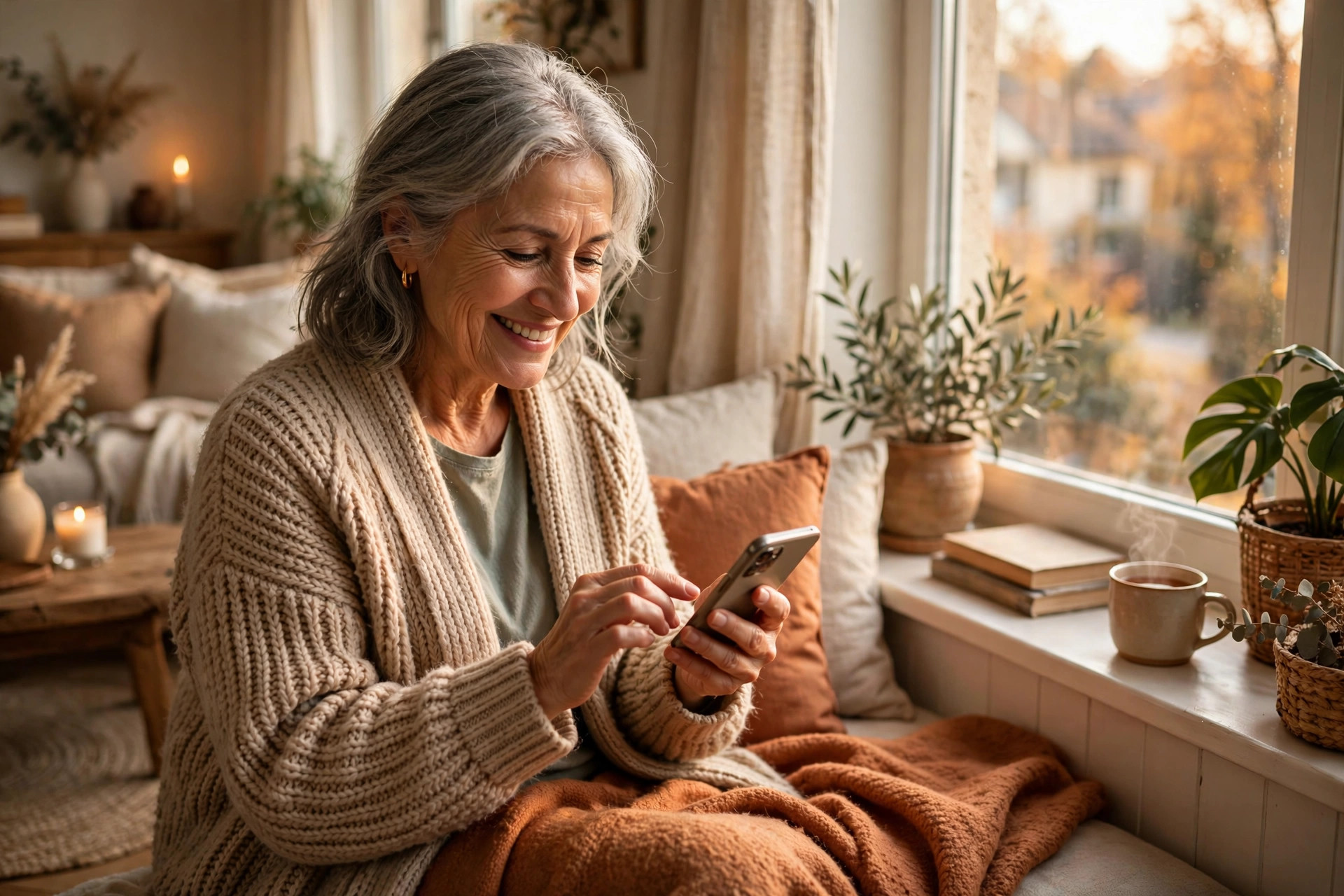 Woman in her 60s typing a heartfelt text message at a window seat