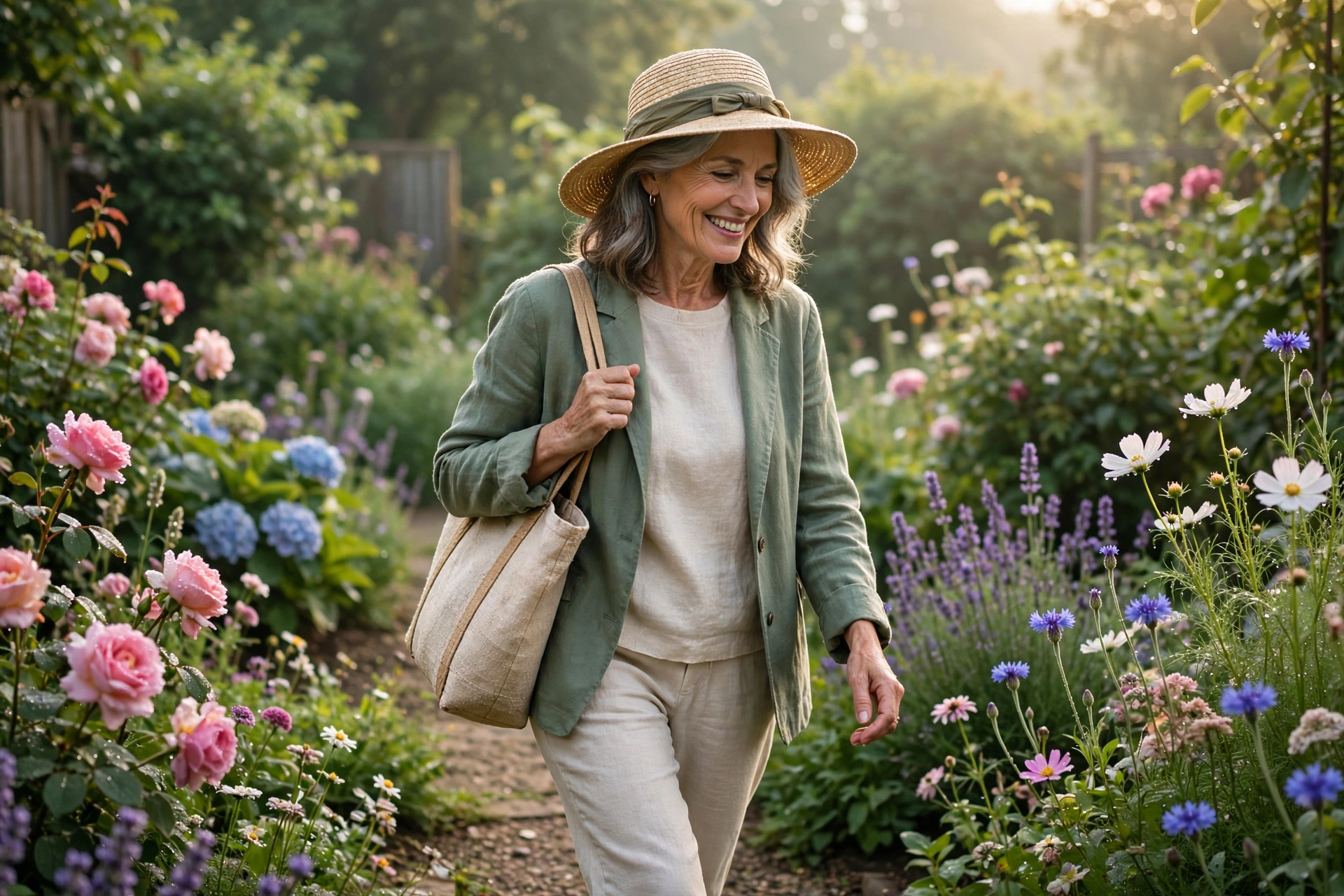 Woman in her 60s on an early morning garden walk among blooming summer flowers