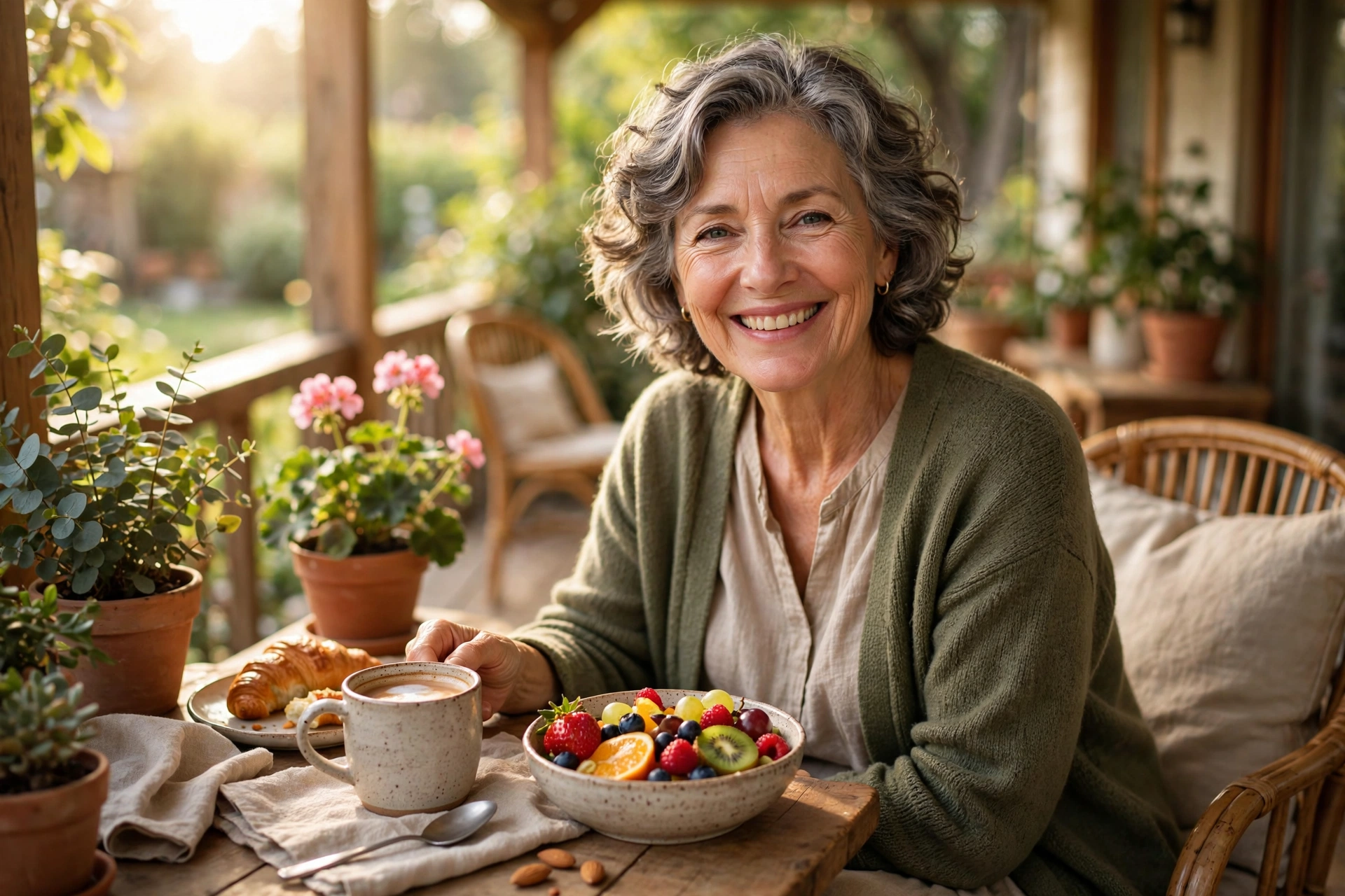 Woman in her 60s enjoying breakfast with fresh fruit and coffee on a sunny porch