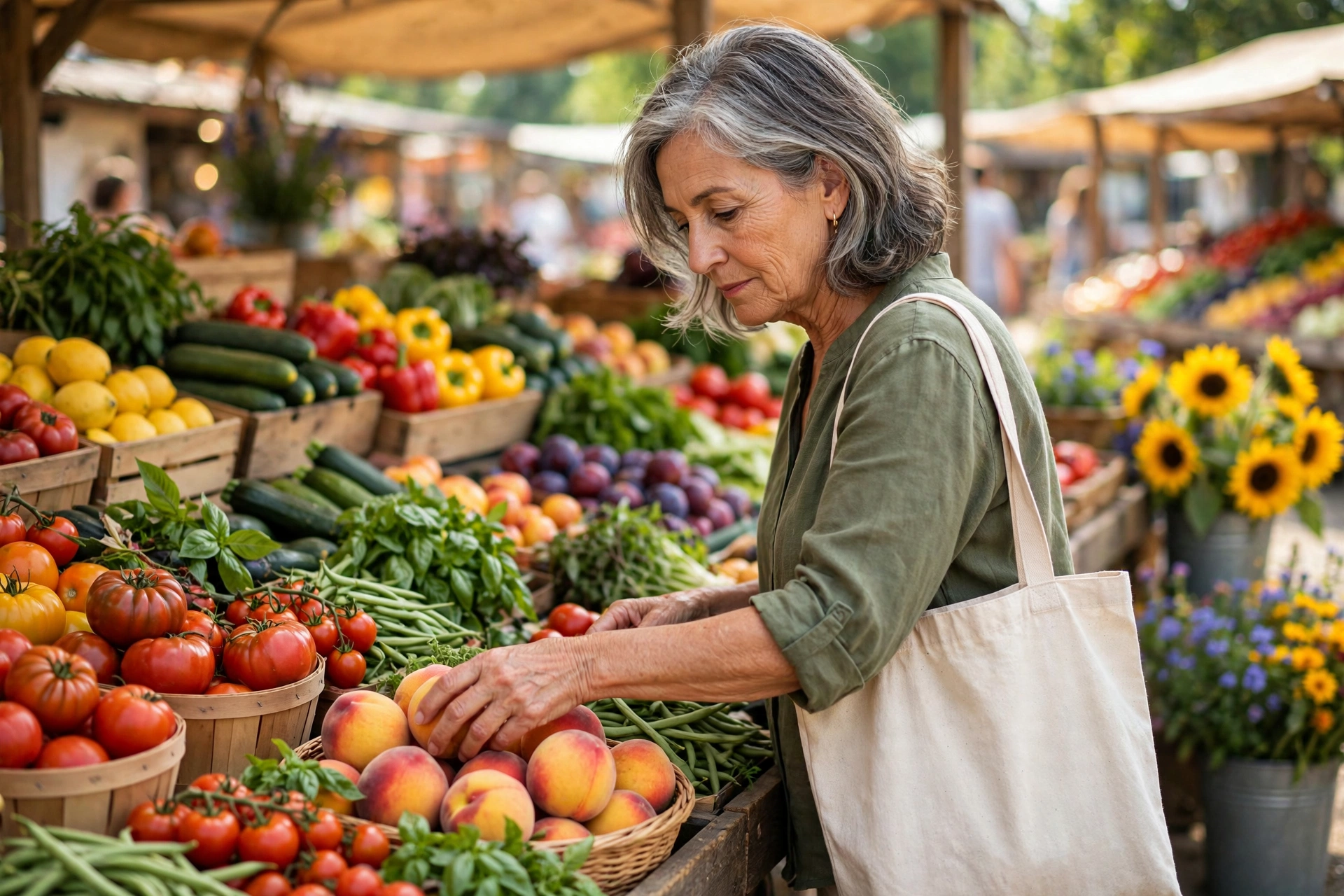 Woman in her 60s choosing fresh peaches and tomatoes at a summer farmers market
