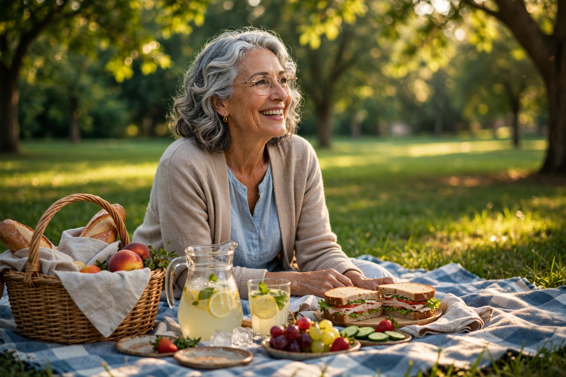 Woman in her 60s having a picnic in a lush green park with a wicker basket
