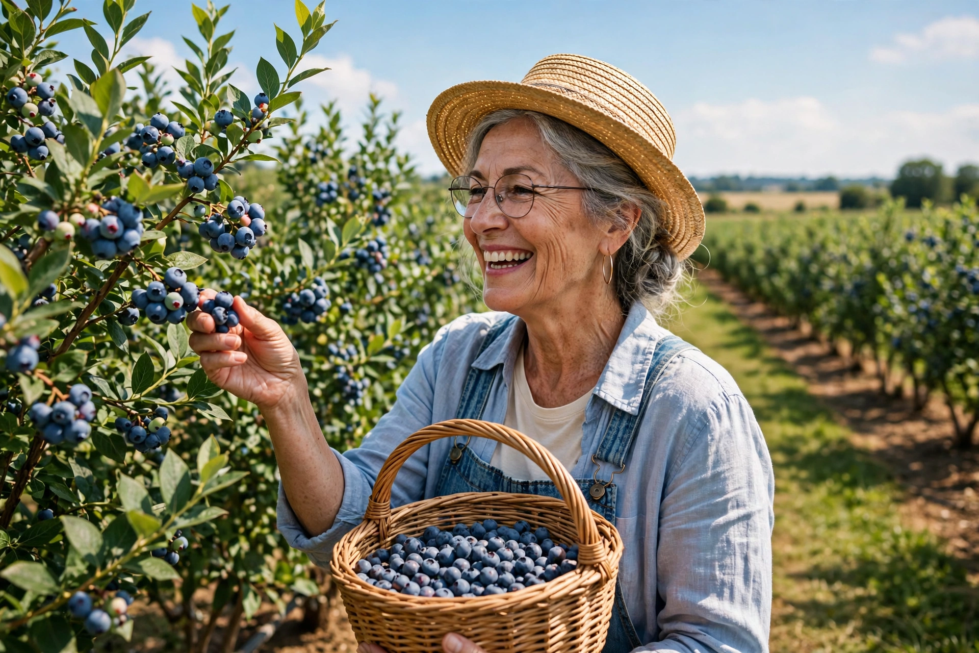 Woman in her 60s picking ripe blueberries at a sunny berry farm