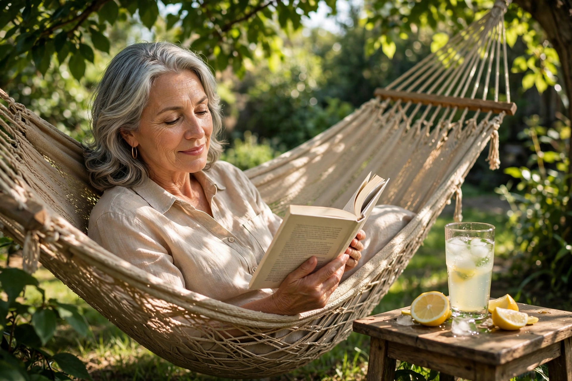 Woman in her 60s reading a book in a shady hammock with lemonade nearby