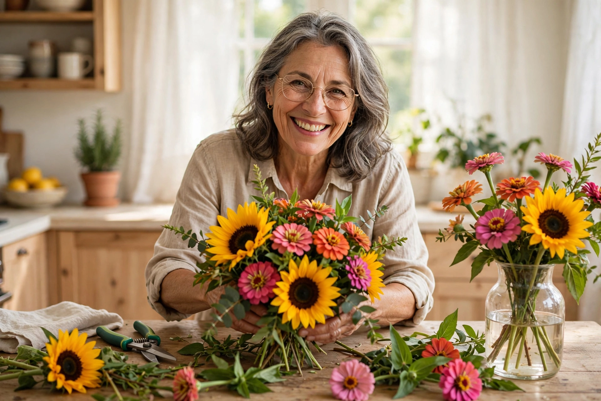 Woman in her 60s arranging a bouquet of summer zinnias and sunflowers