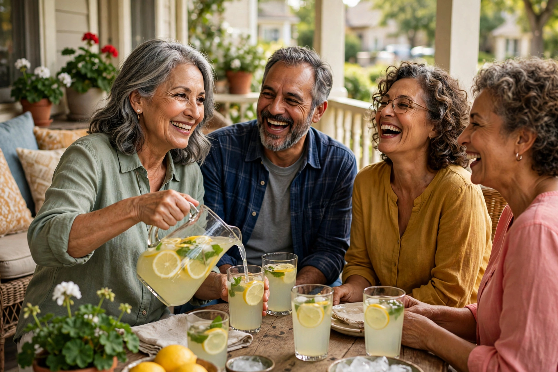 Woman in her 60s sharing homemade lemonade with neighbors on a sunny porch