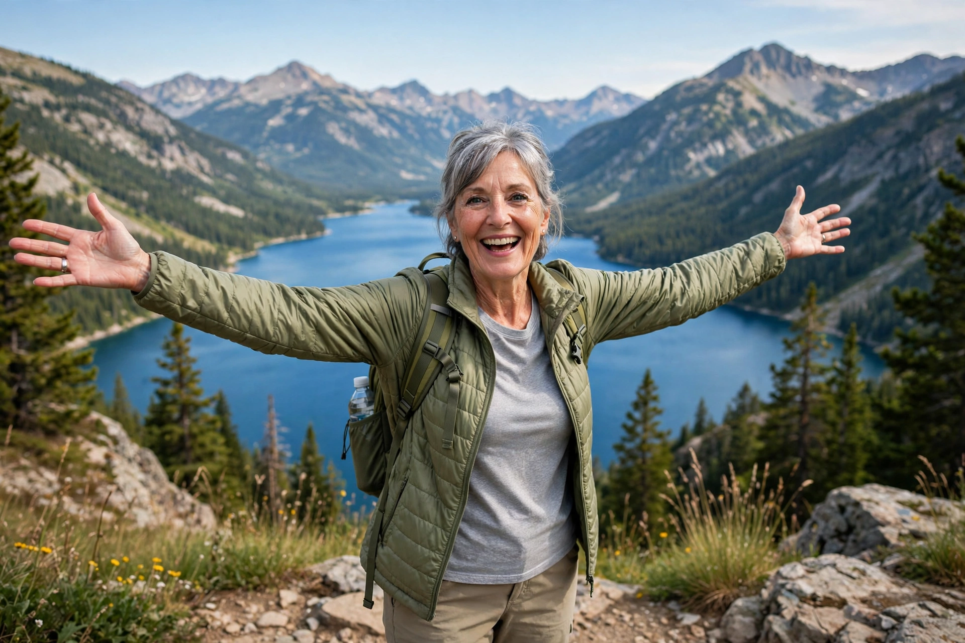 Woman in her 60s on a joyful summer day trip at a scenic lake overlook