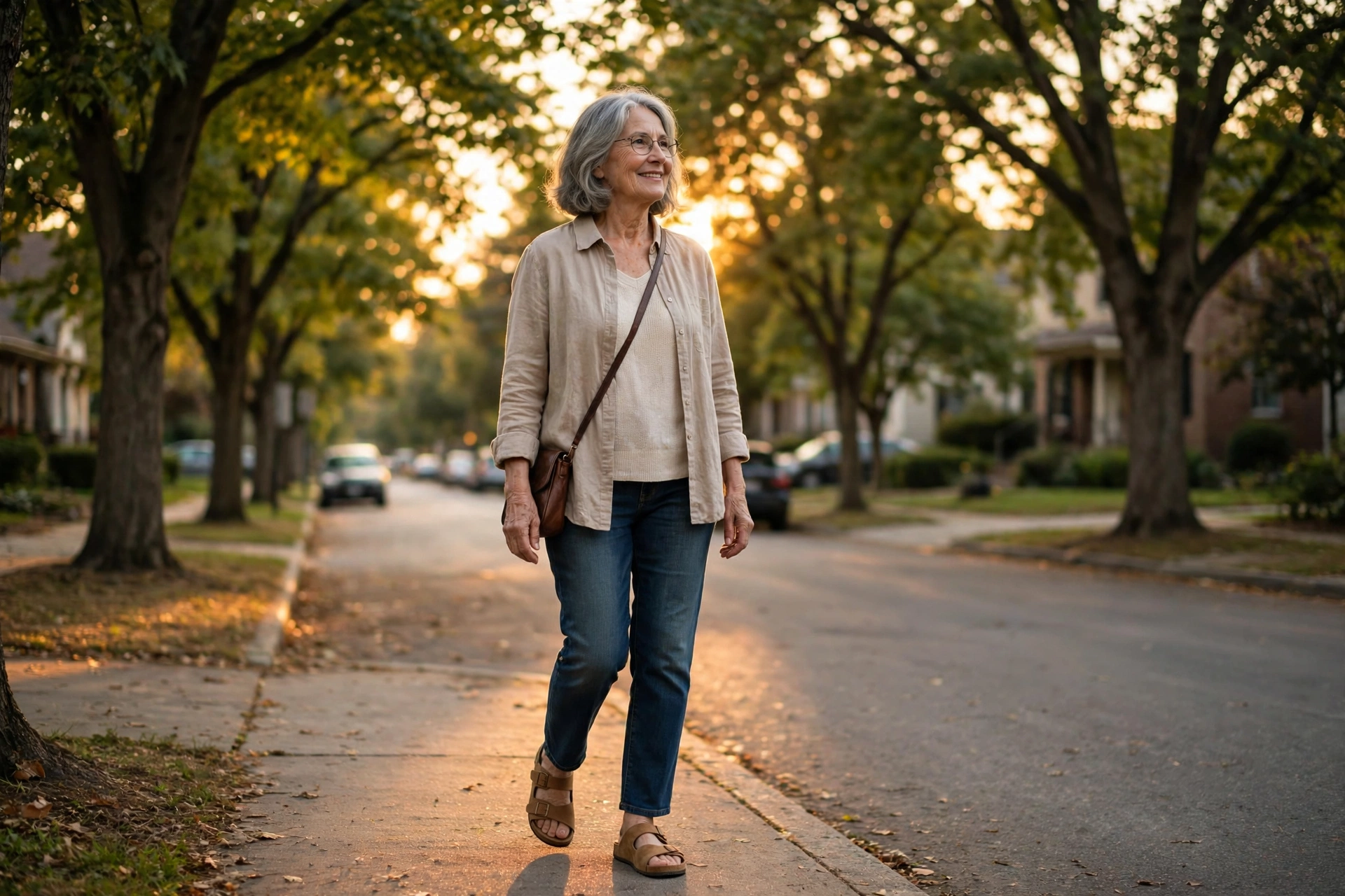 Woman in her 60s taking a gentle evening stroll on a tree-lined street