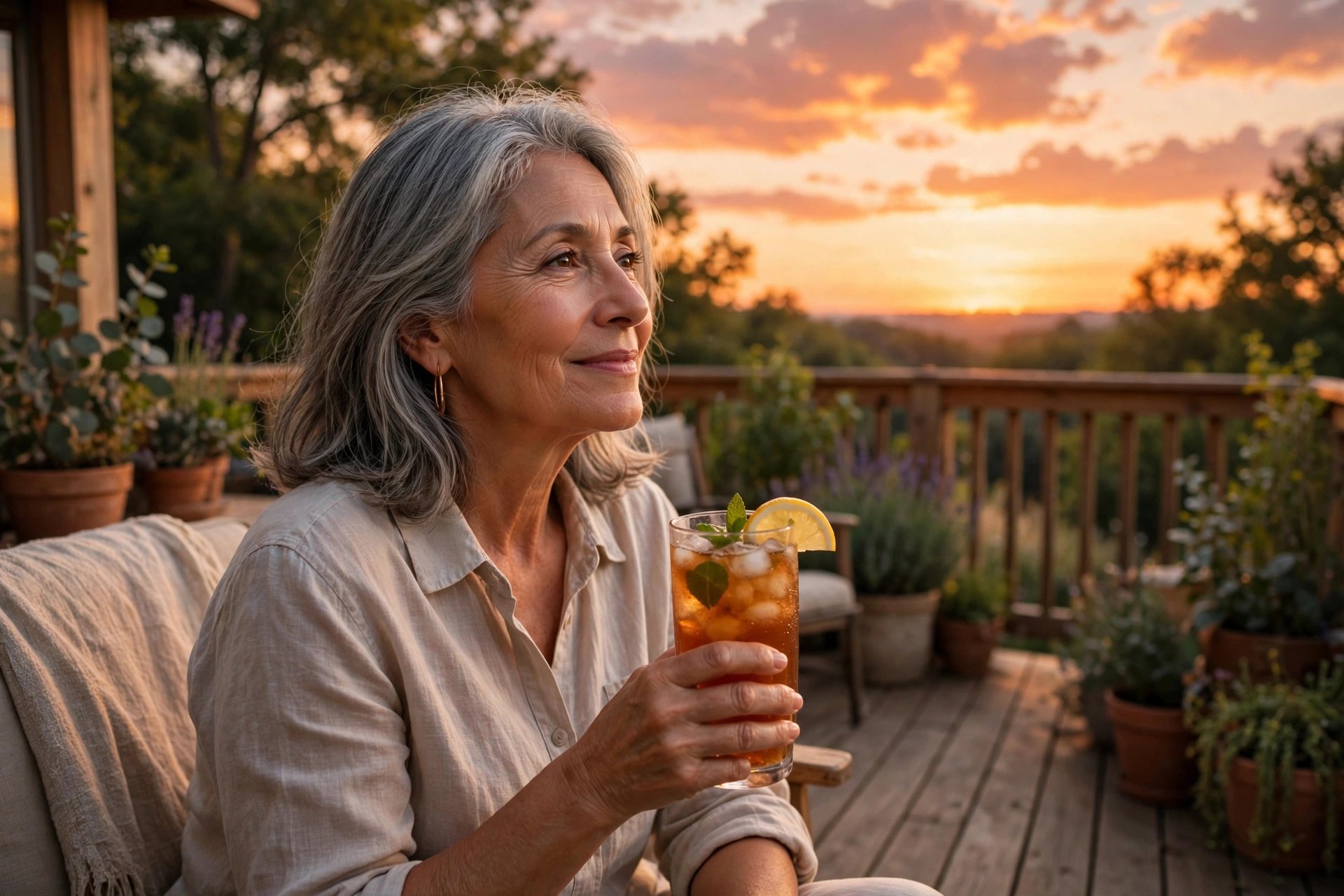 Woman in her 60s watching a summer sunset from her backyard deck with iced tea