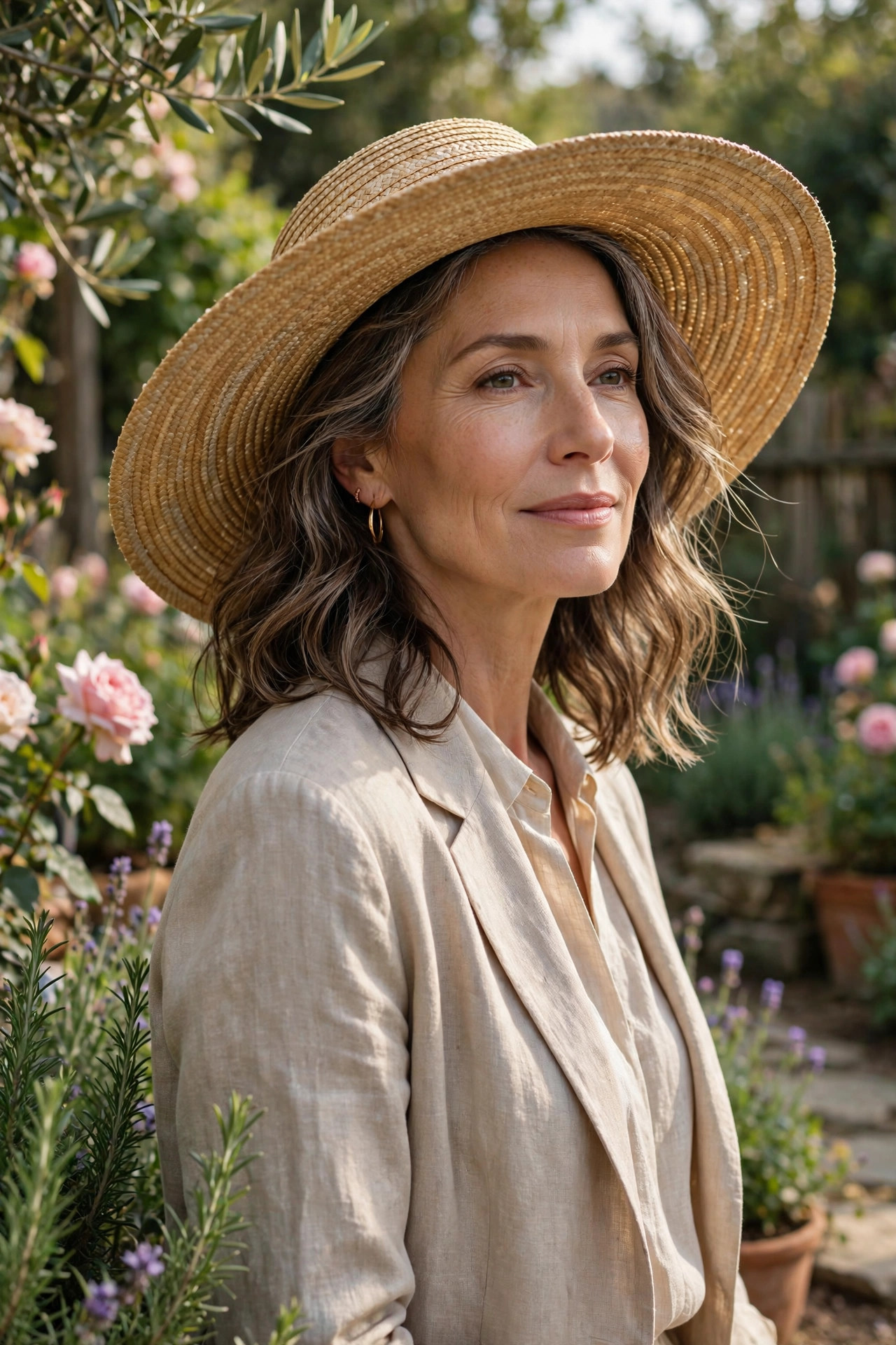 Woman in her 50s wearing a wide-brim straw sun hat in a sunny garden