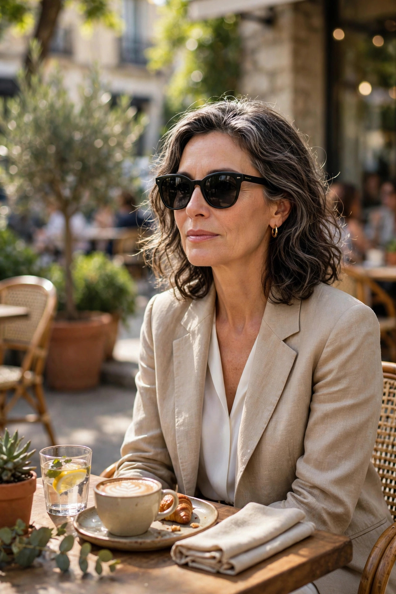 Woman in her 50s wearing dark sunglasses at an outdoor cafe on a sunny day