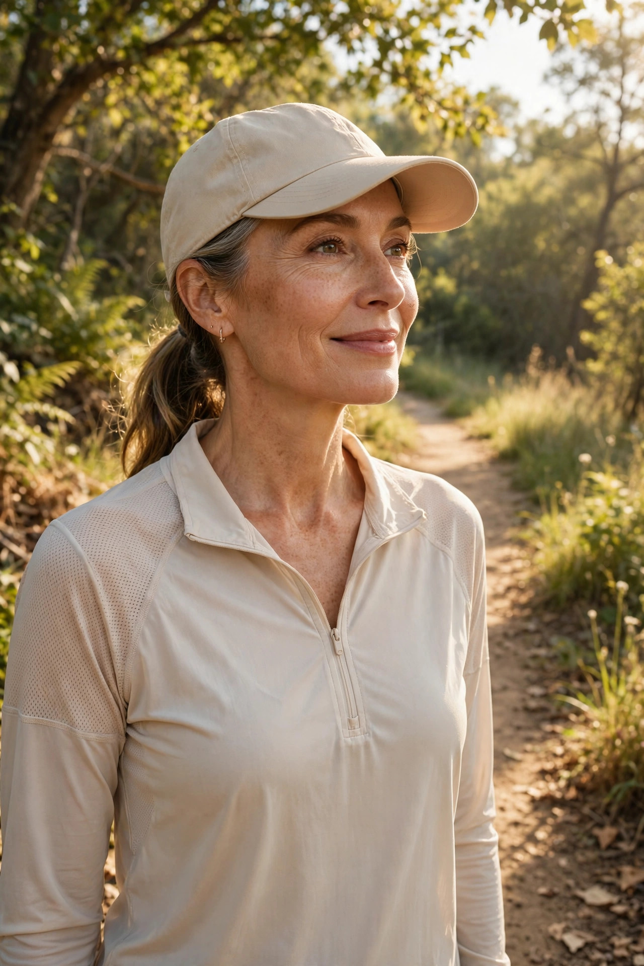 Woman in her 50s in a long-sleeve sun shirt and cap on a sunny walking trail