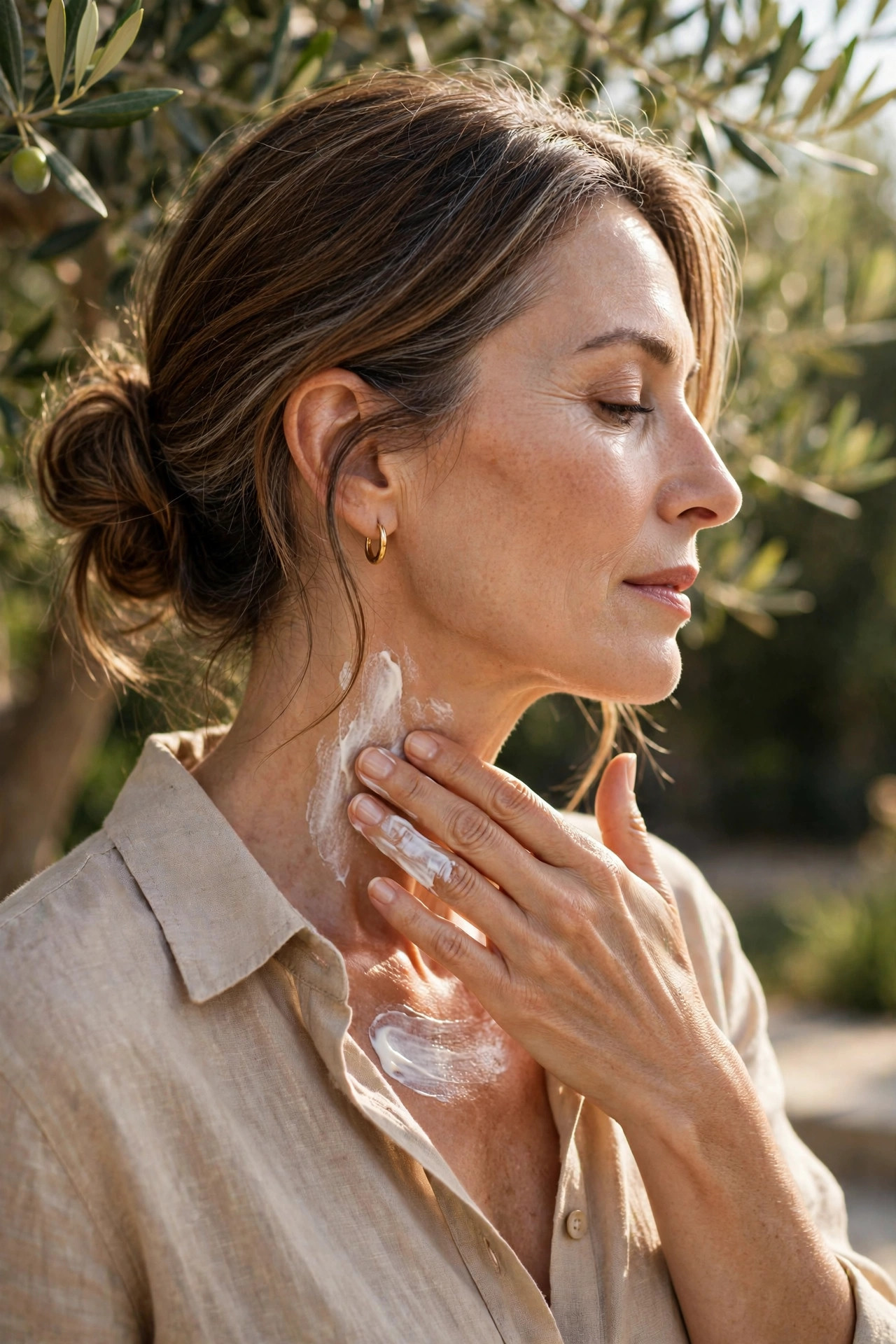 Woman in her 50s applying sunscreen to her neck and chest outdoors