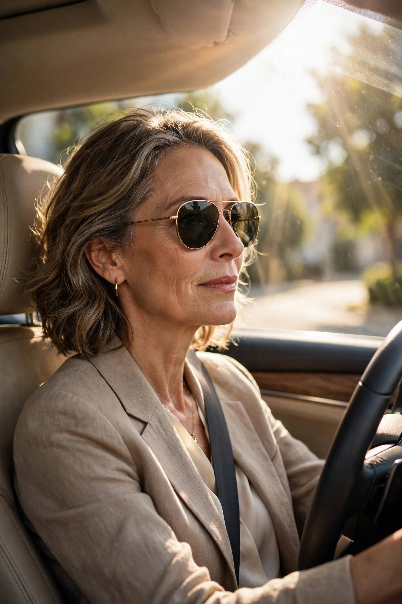 Woman in her 50s driving a car wearing sunglasses in bright sunlight