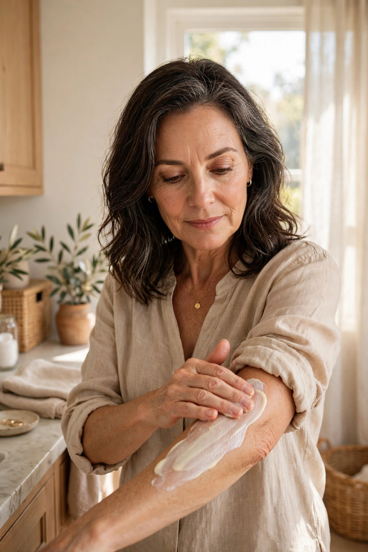 Woman in her 50s applying self-tanning lotion to her arm at home