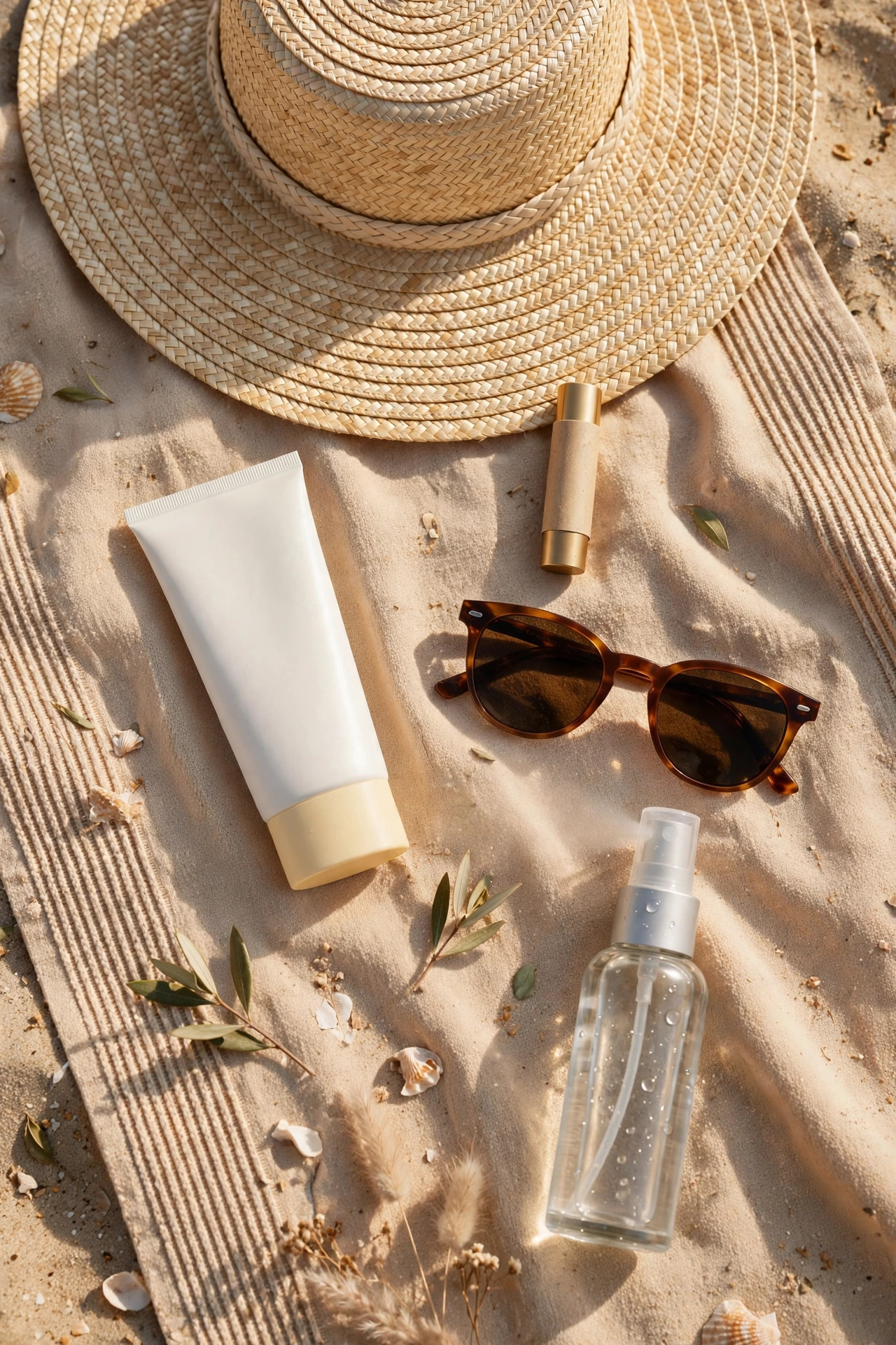 Flat lay of a summer sun protection kit with sunscreen lip balm hat and sunglasses