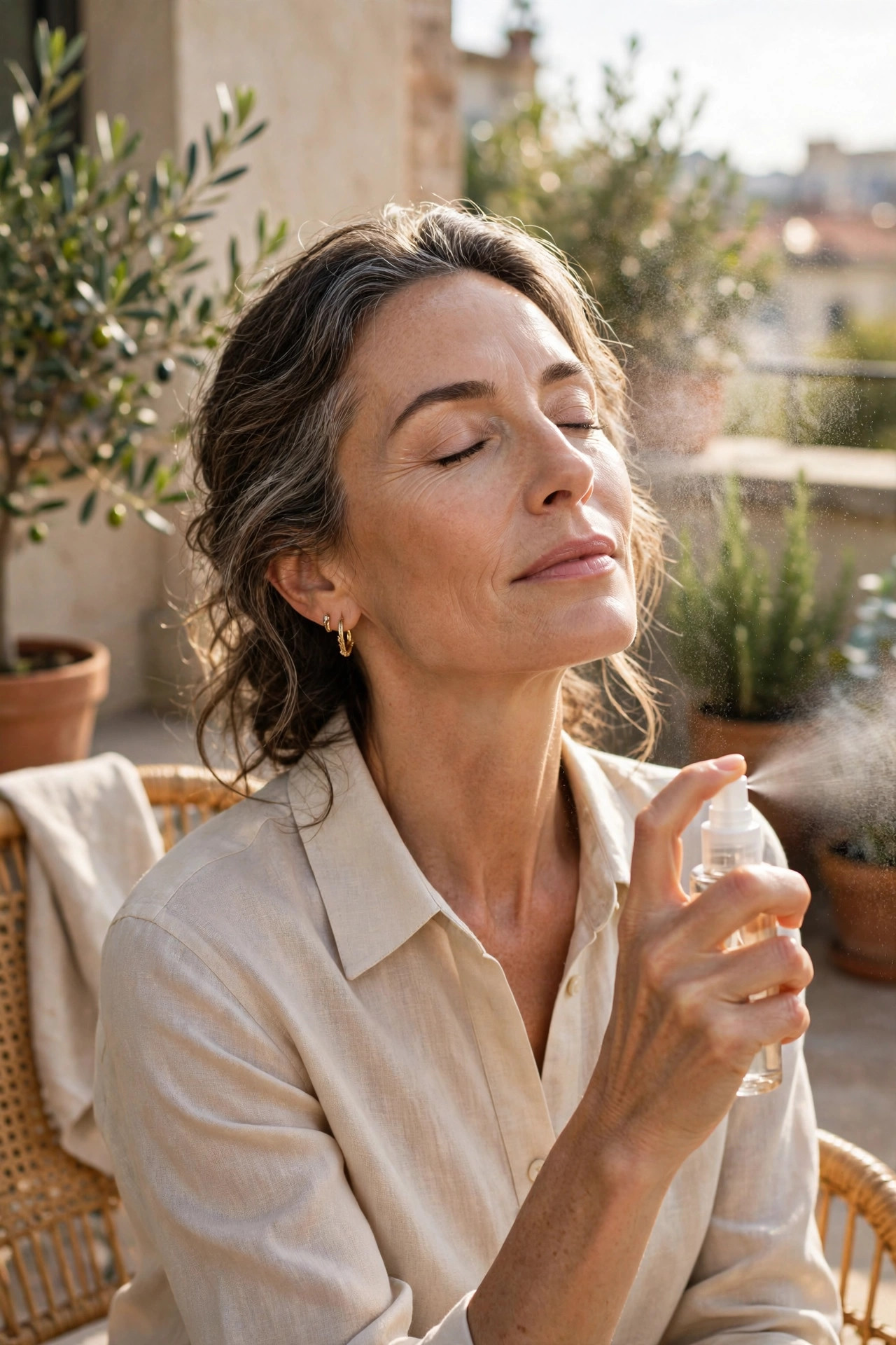 Woman in her 50s cooling her face with a facial mist on a sunny terrace