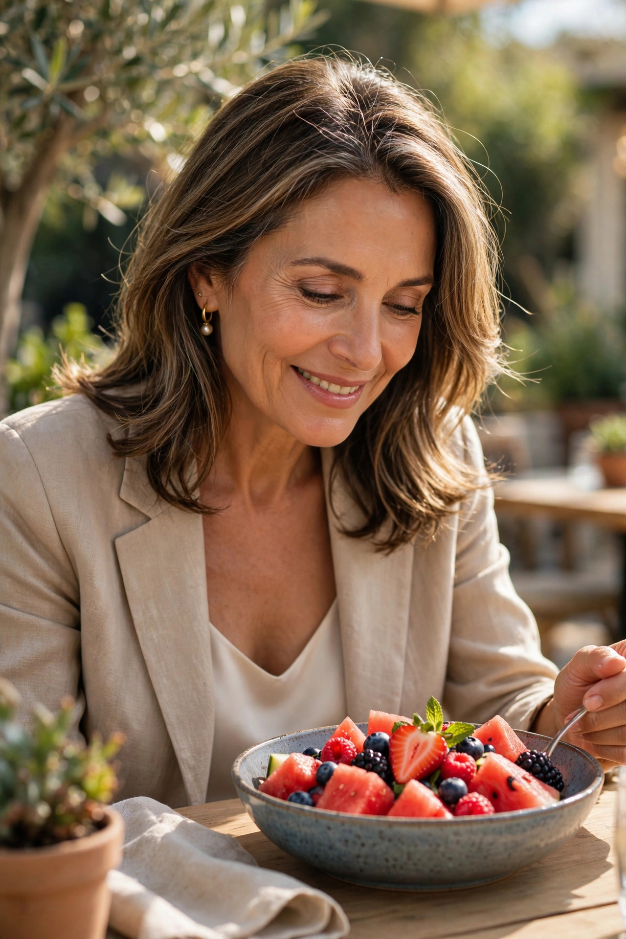 Woman in her 50s enjoying a bowl of fresh berries and watermelon outdoors