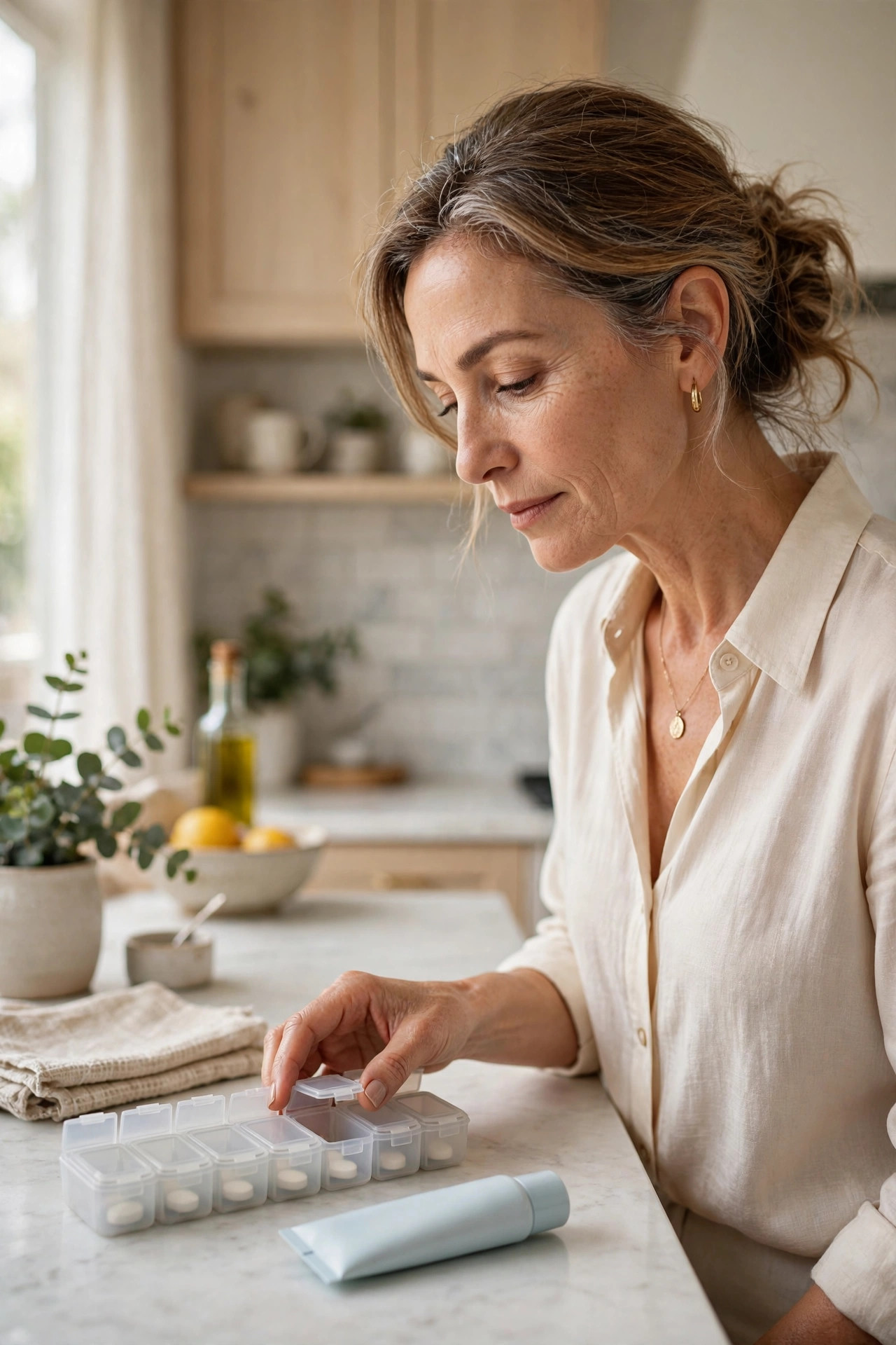 Woman in her 50s placing a weekly pill organizer next to sunscreen on a kitchen counter
