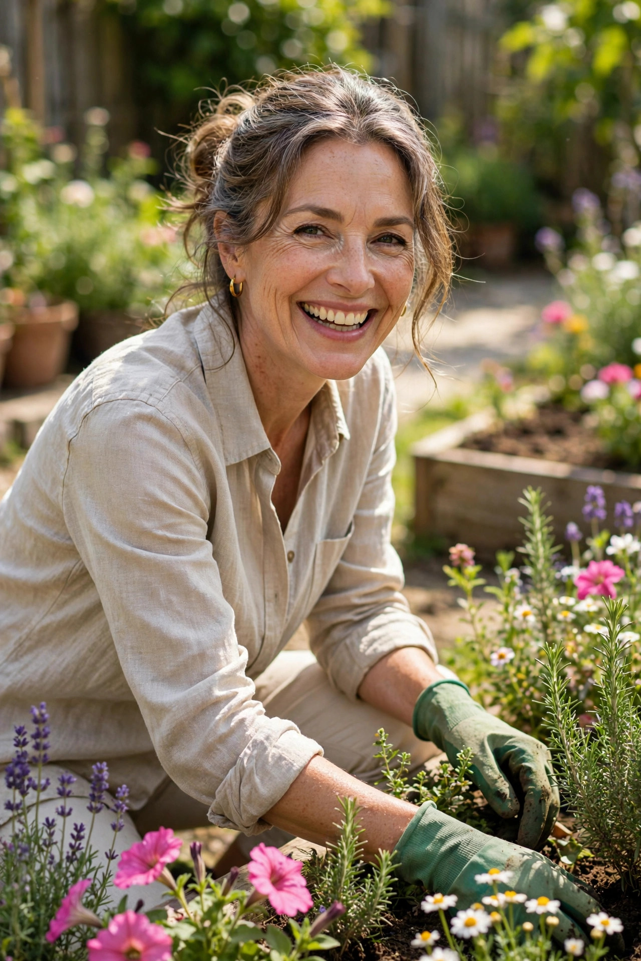 Woman in her 50s gardening with gloves and long sleeves in summer sunlight