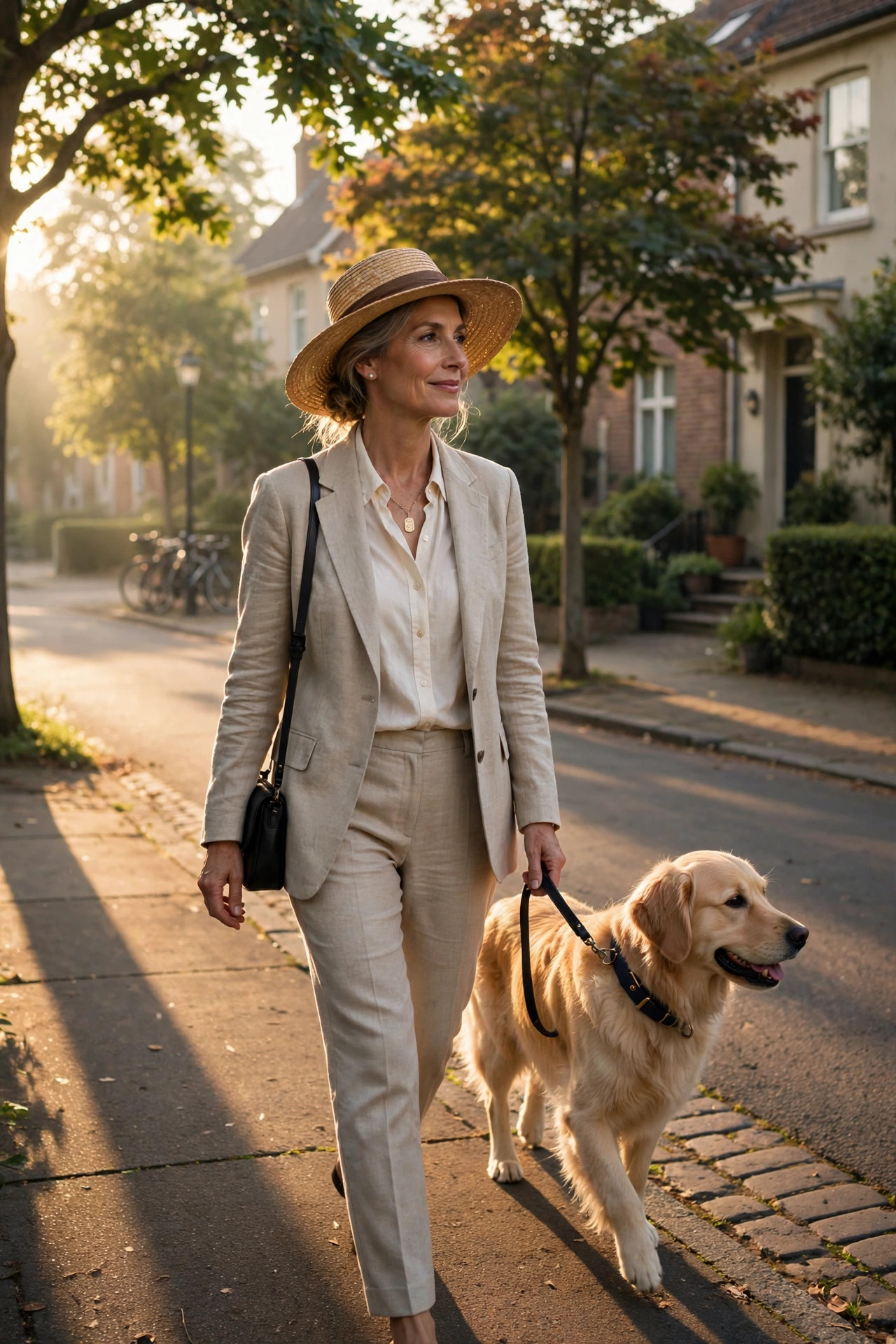 Woman in her 50s walking her dog in early morning golden light wearing a sun hat