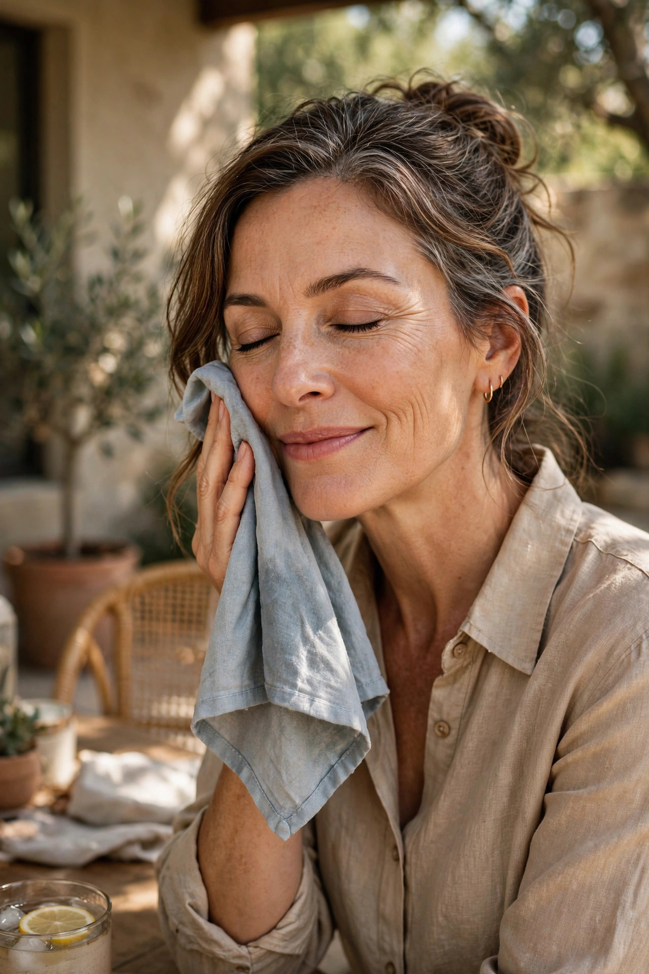 Woman in her 50s pressing a cool damp cloth to her cheek on a shaded patio