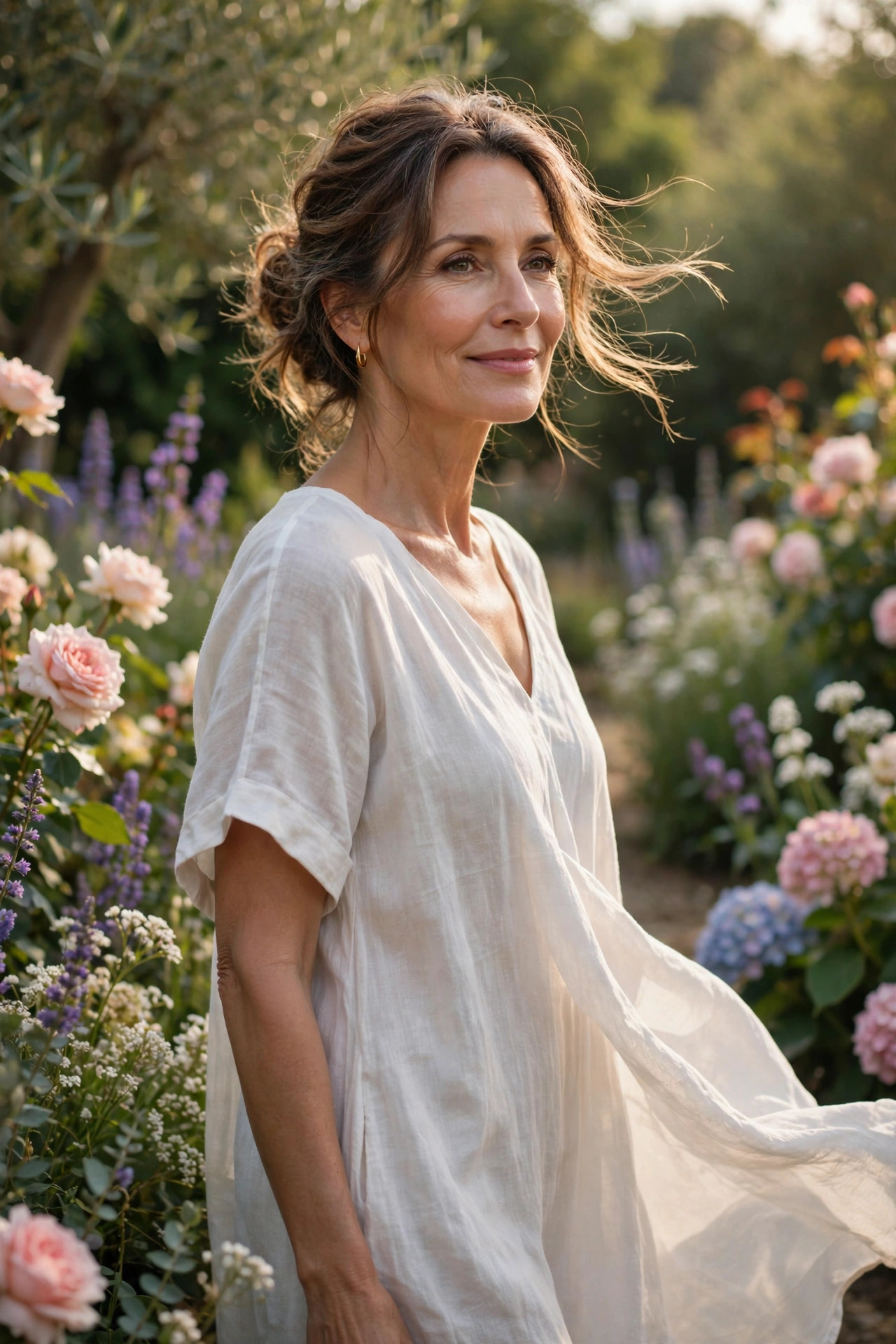 Woman in her 50s in a breezy white linen dress standing in a summer garden
