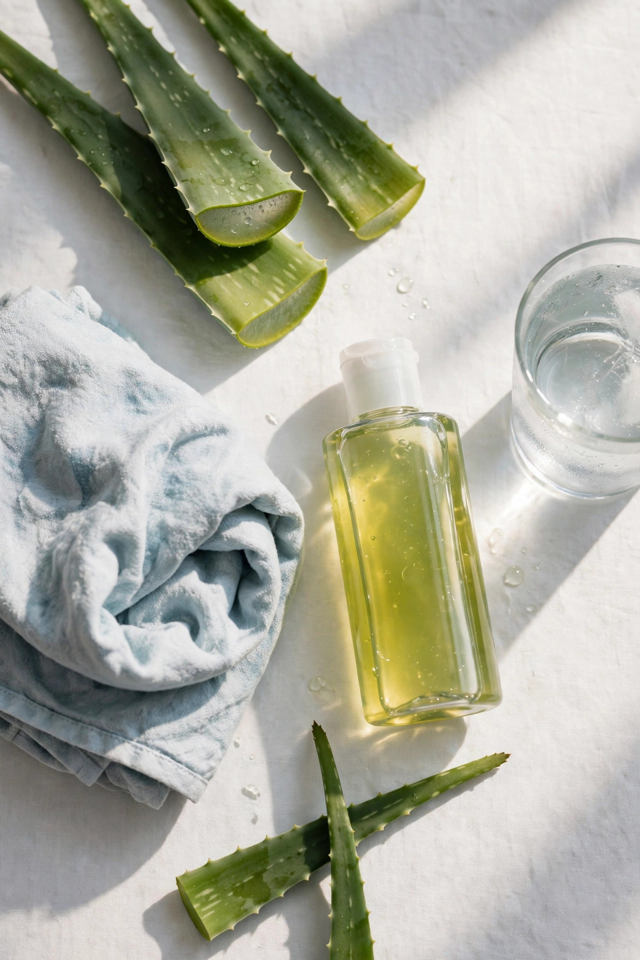 Flat lay of an after-sun kit with aloe vera leaves cool towels and a glass of water