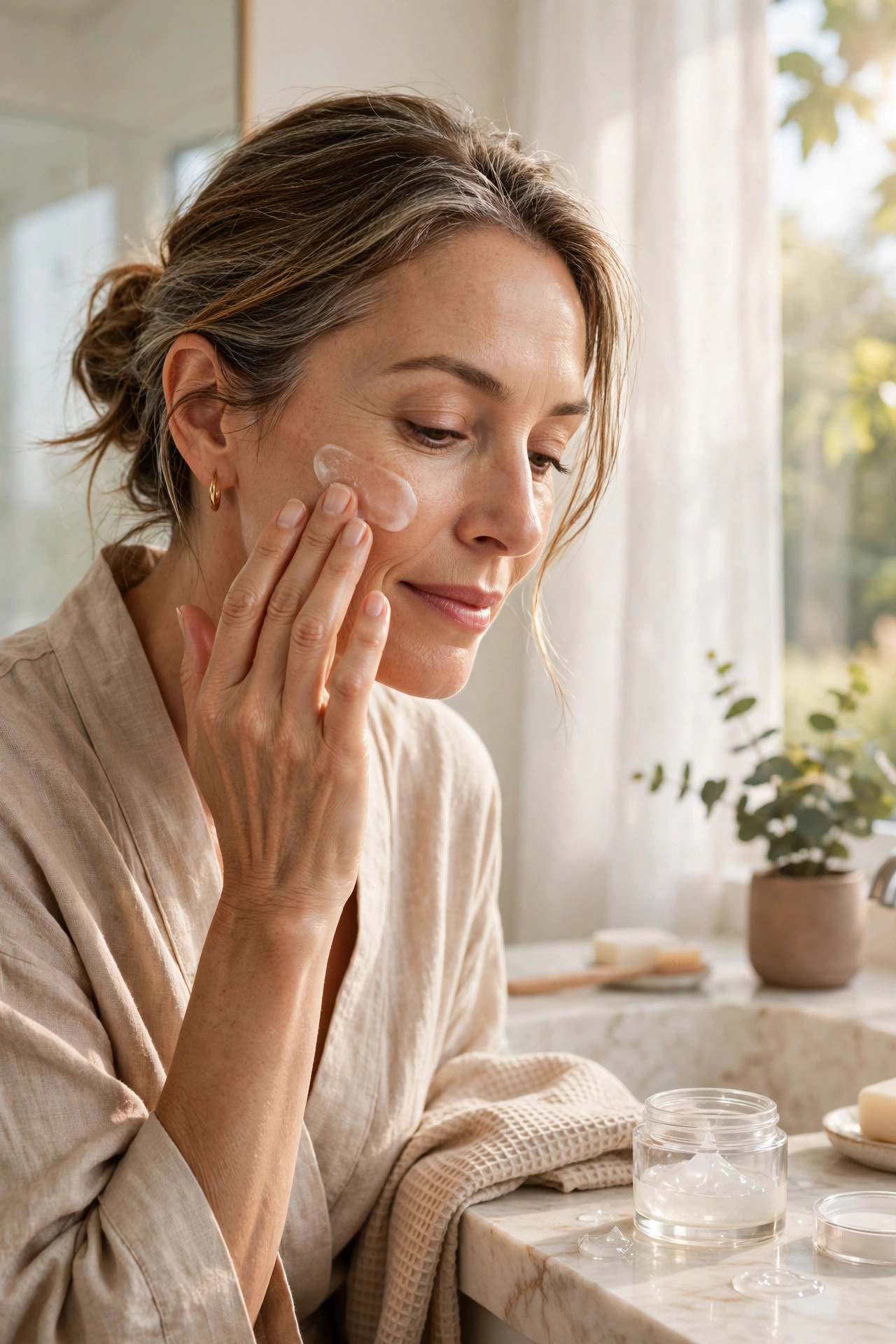 Woman in her 50s applying lightweight gel moisturizer in a bright bathroom