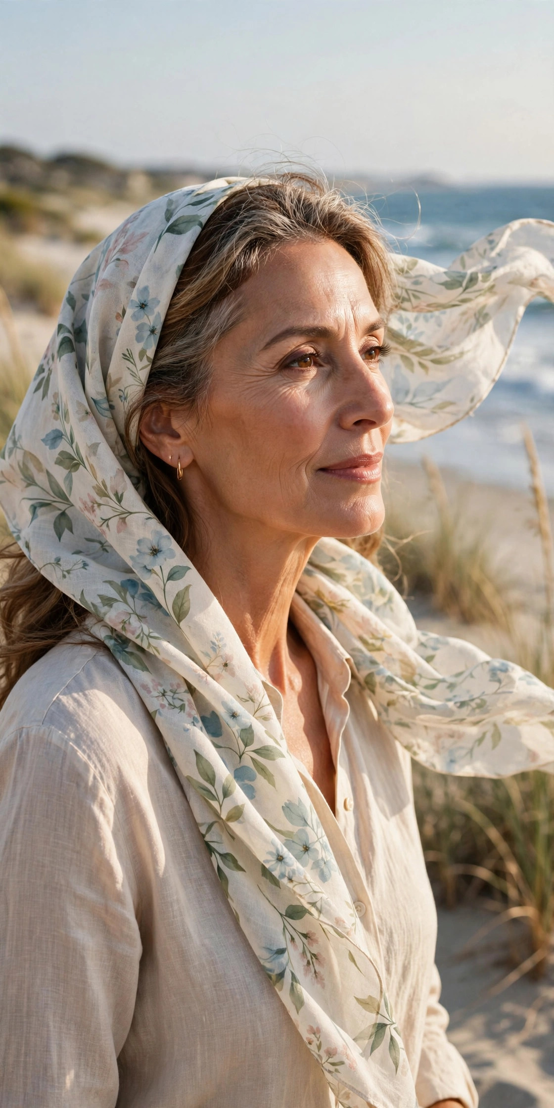 Woman in her 50s wearing a printed scarf over her hair at the beach