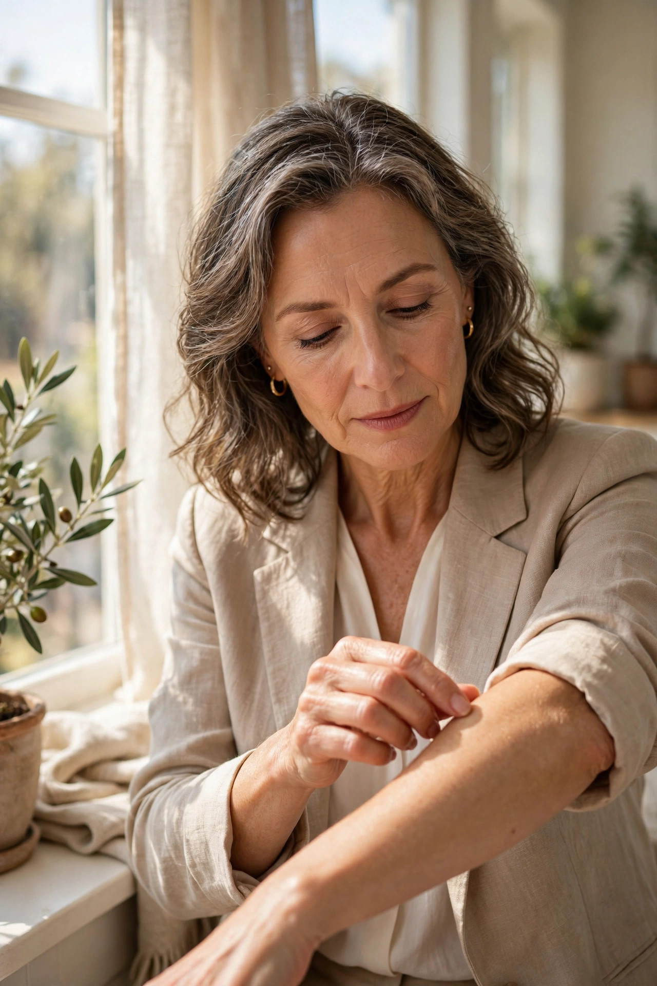 Woman in her 50s checking the skin on her forearm in bright daylight by a window