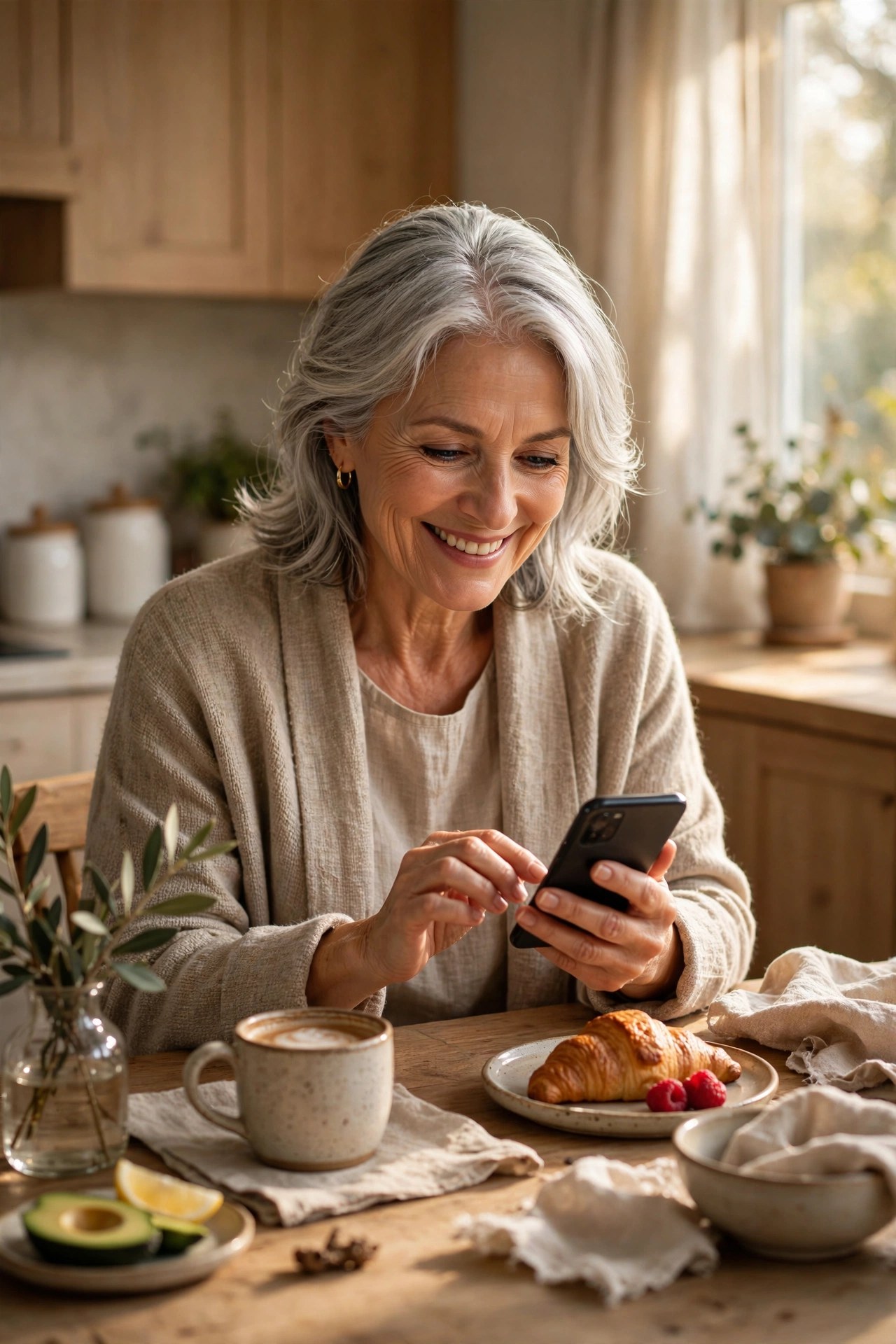 Smiling woman in her 60s sending a text message to an old friend at a sunny kitchen table