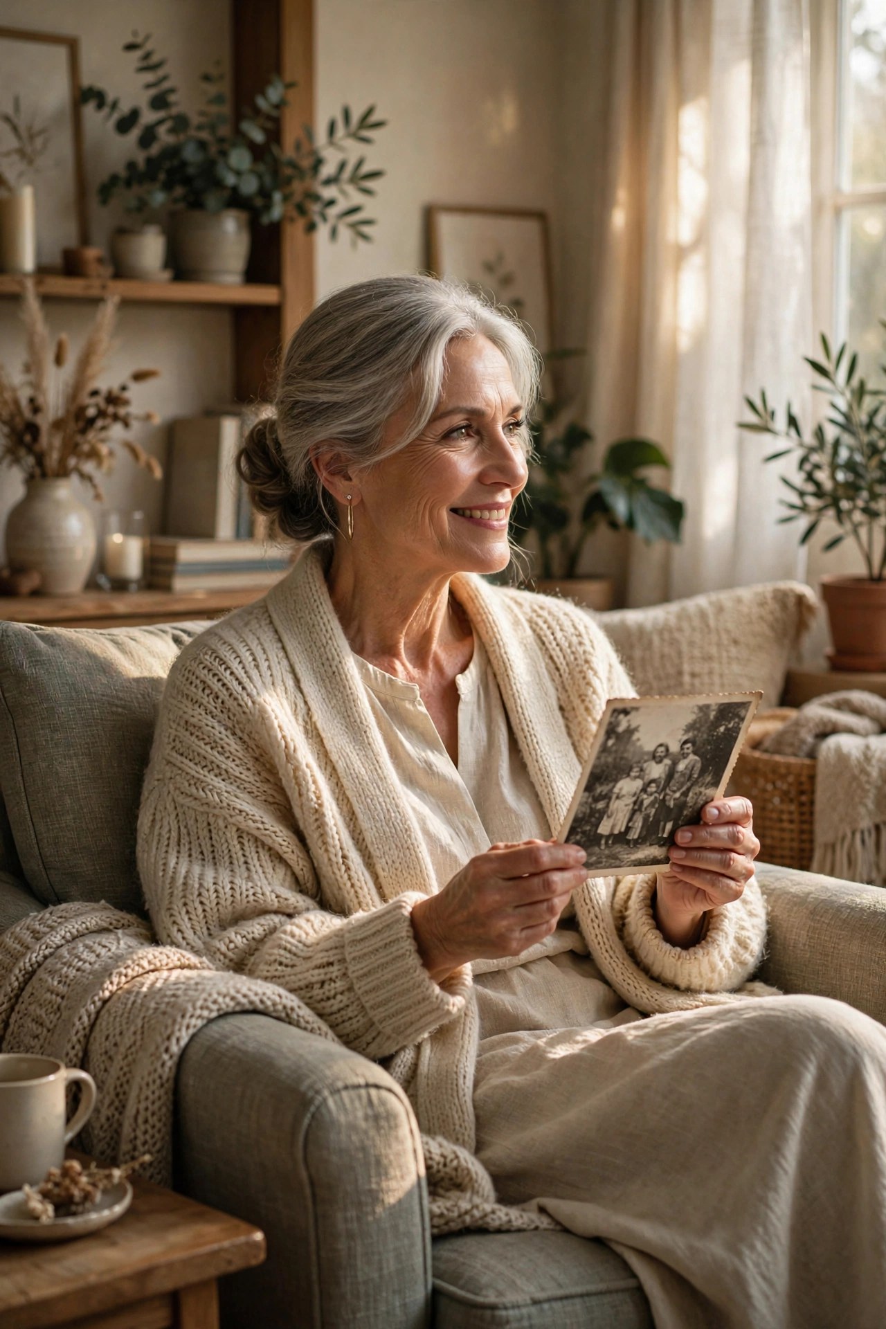 Woman in her 60s smiling fondly at an old photograph in her cozy living room