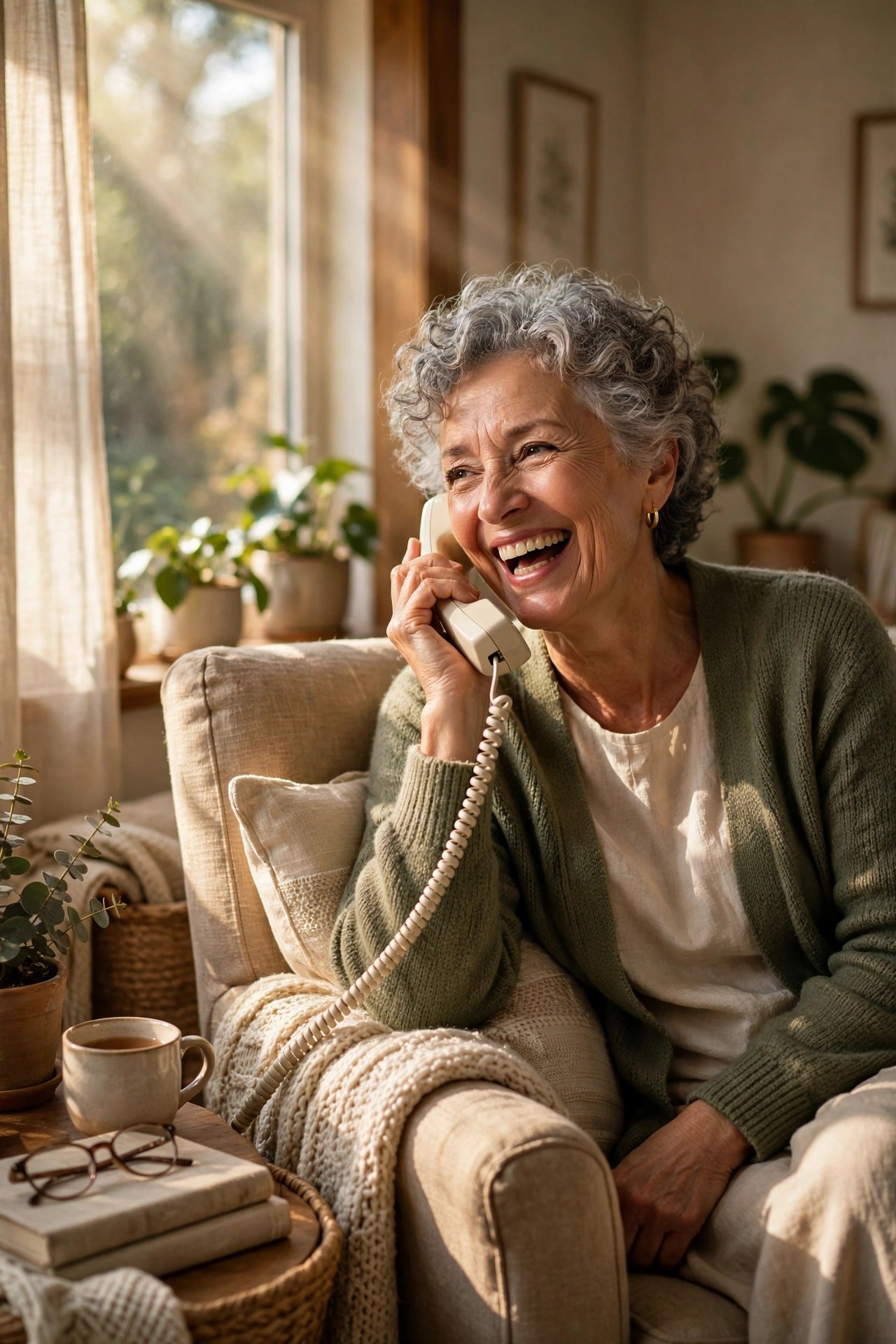 Happy woman in her 60s laughing on the phone with an old friend in an armchair