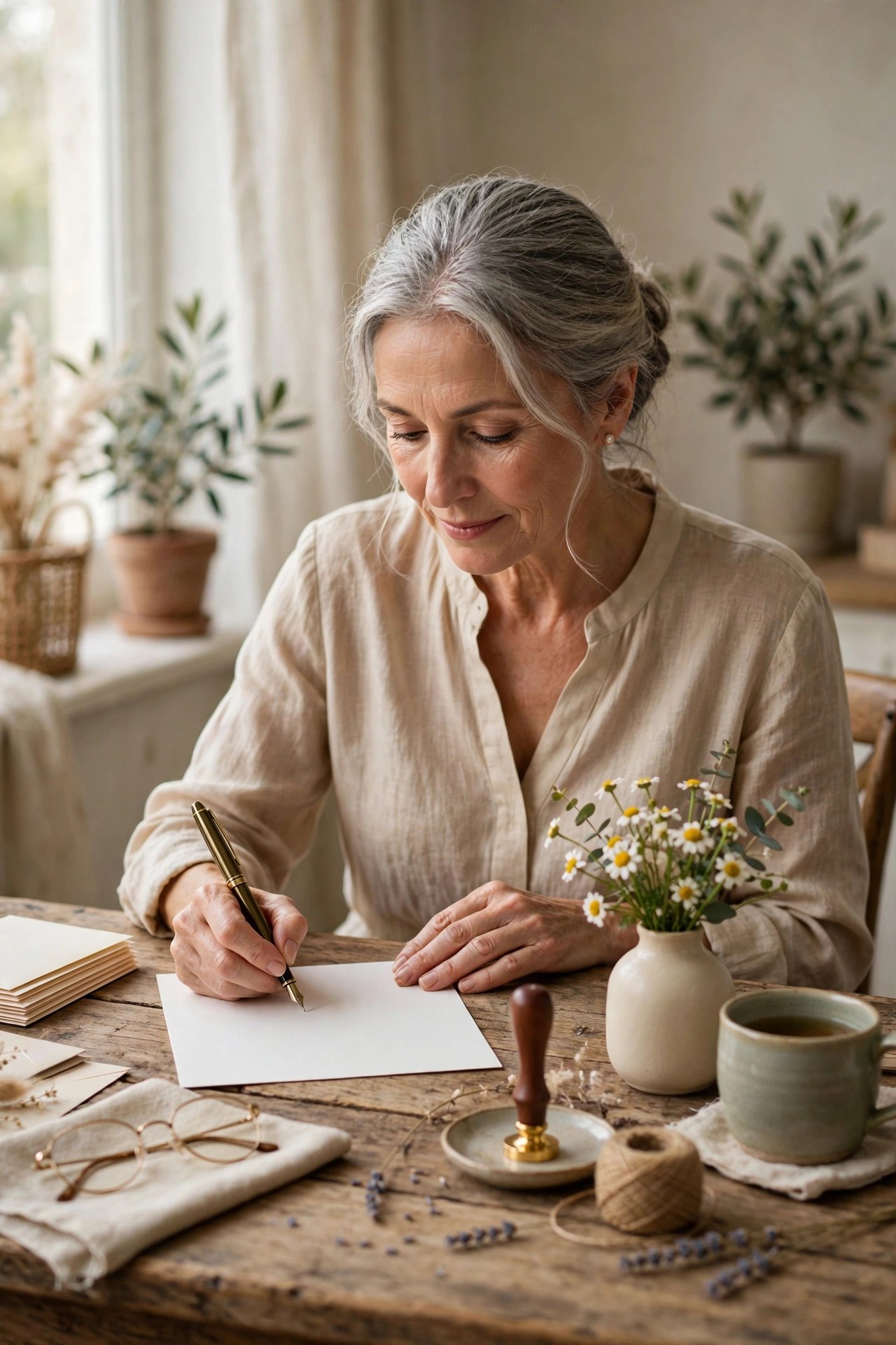 Woman in her 60s writing a handwritten letter at a wooden desk with flowers nearby