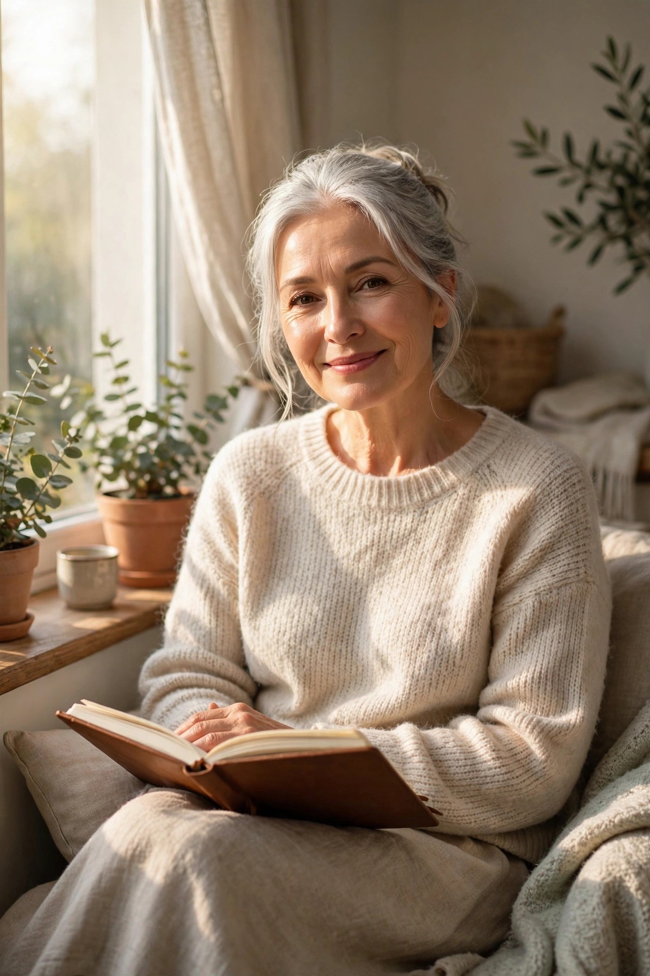 Peaceful woman in her 60s sitting by a bright window with a journal on her lap