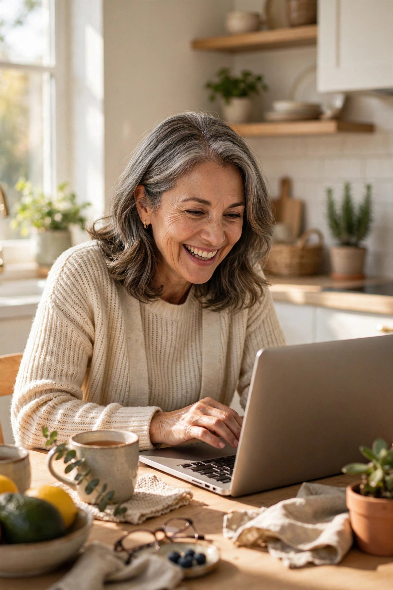 Cheerful woman in her 60s smiling at her laptop after finding an old friend online