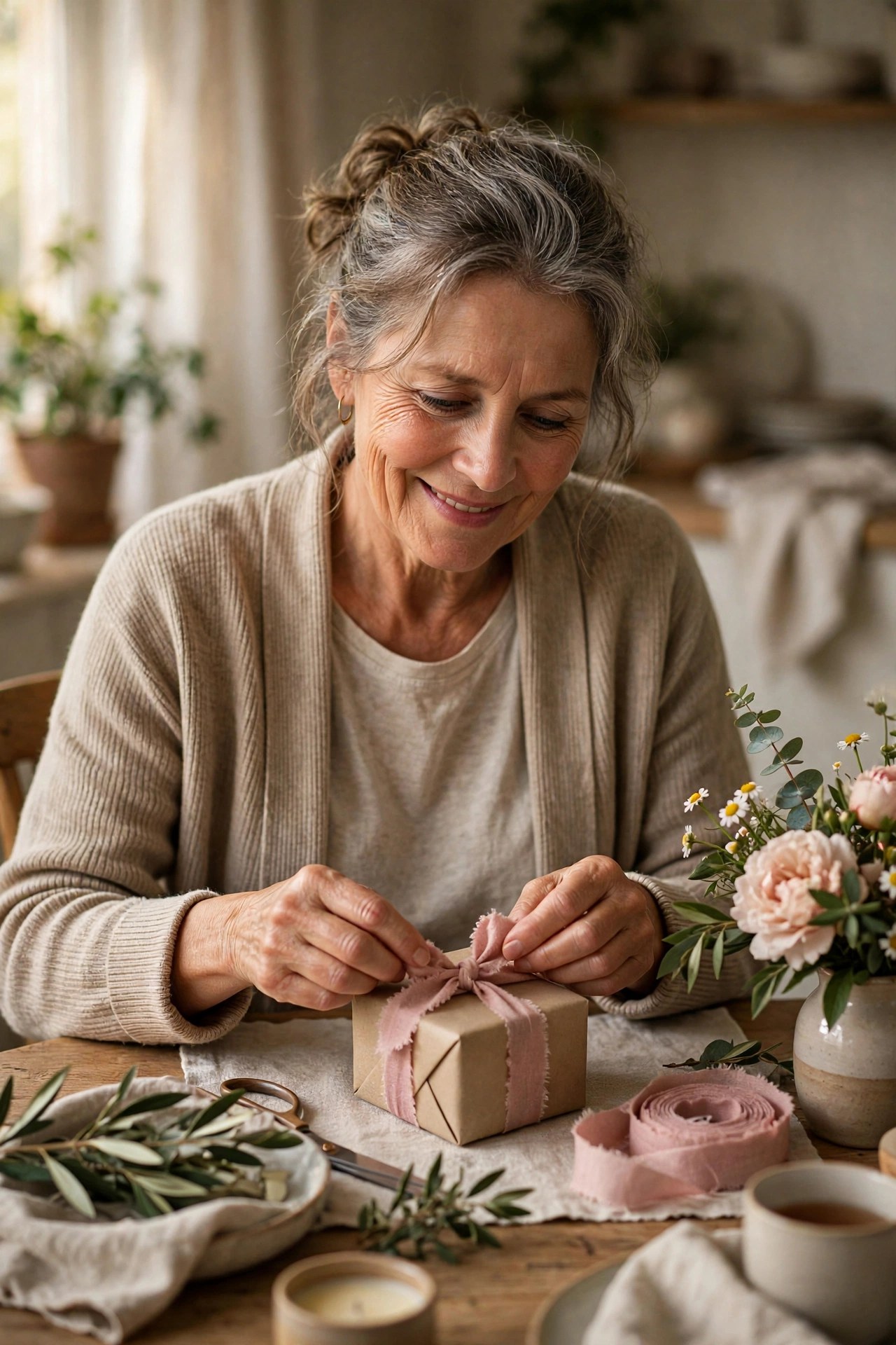 Woman in her 60s wrapping a small birthday gift card with a pink ribbon