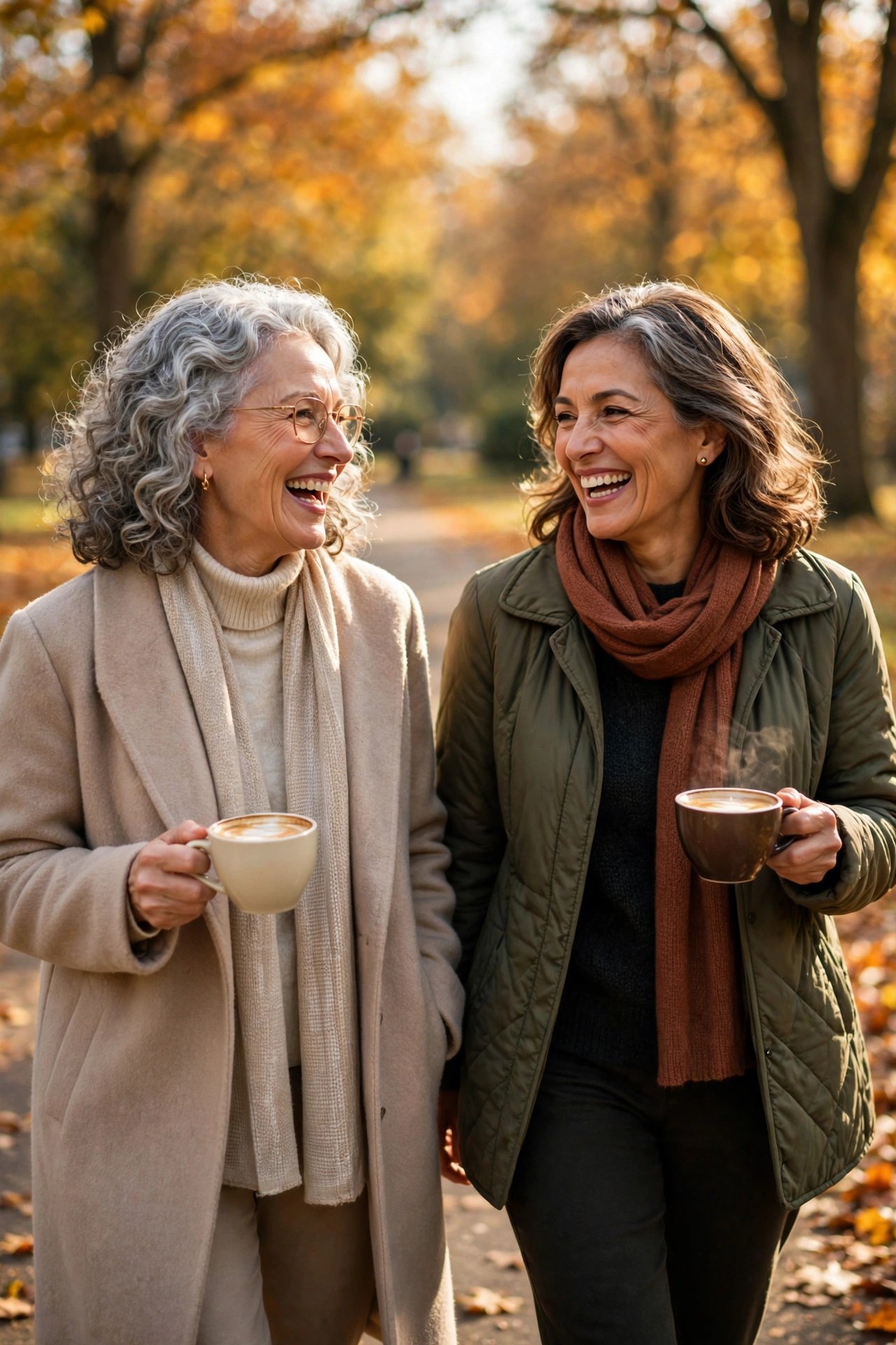 Two women in their 60s walking together on an autumn park path with coffee cups