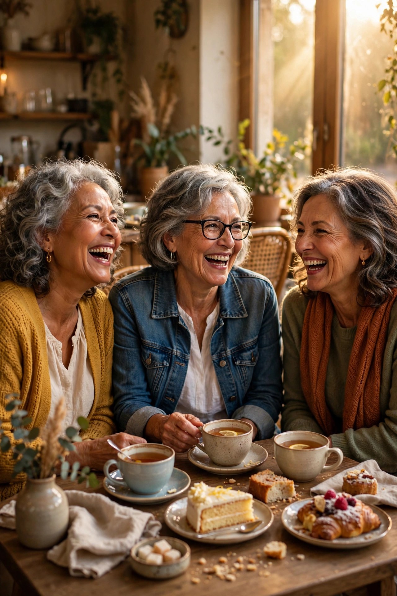 Three women in their 60s laughing together over tea and cake at a cozy cafe