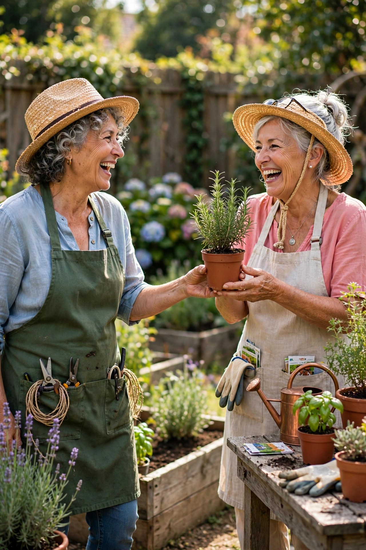 Two women in their 60s gardening together in a sunny backyard, sharing a plant