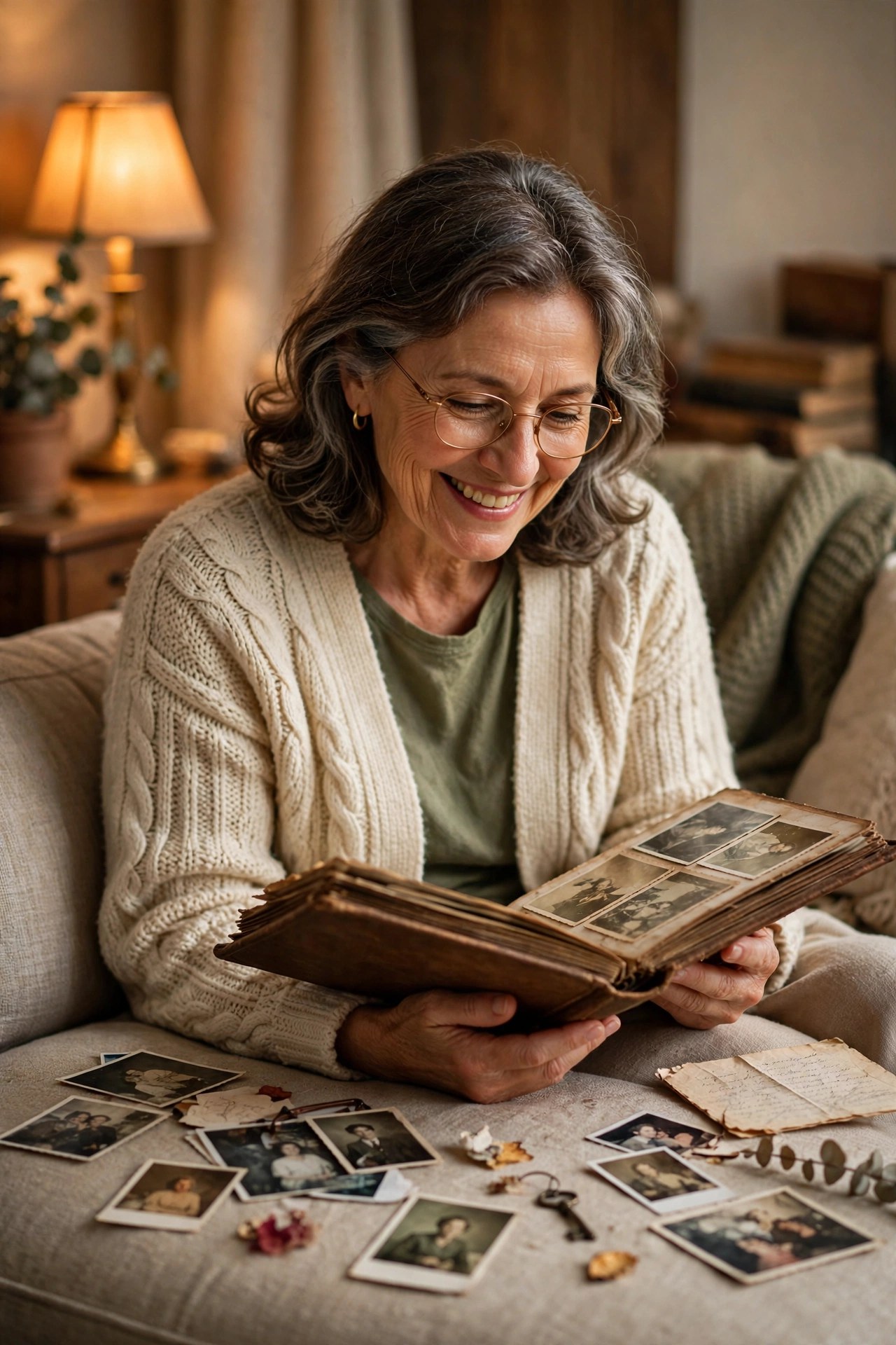 Woman in her 60s smiling as she looks through an old photo album on her sofa